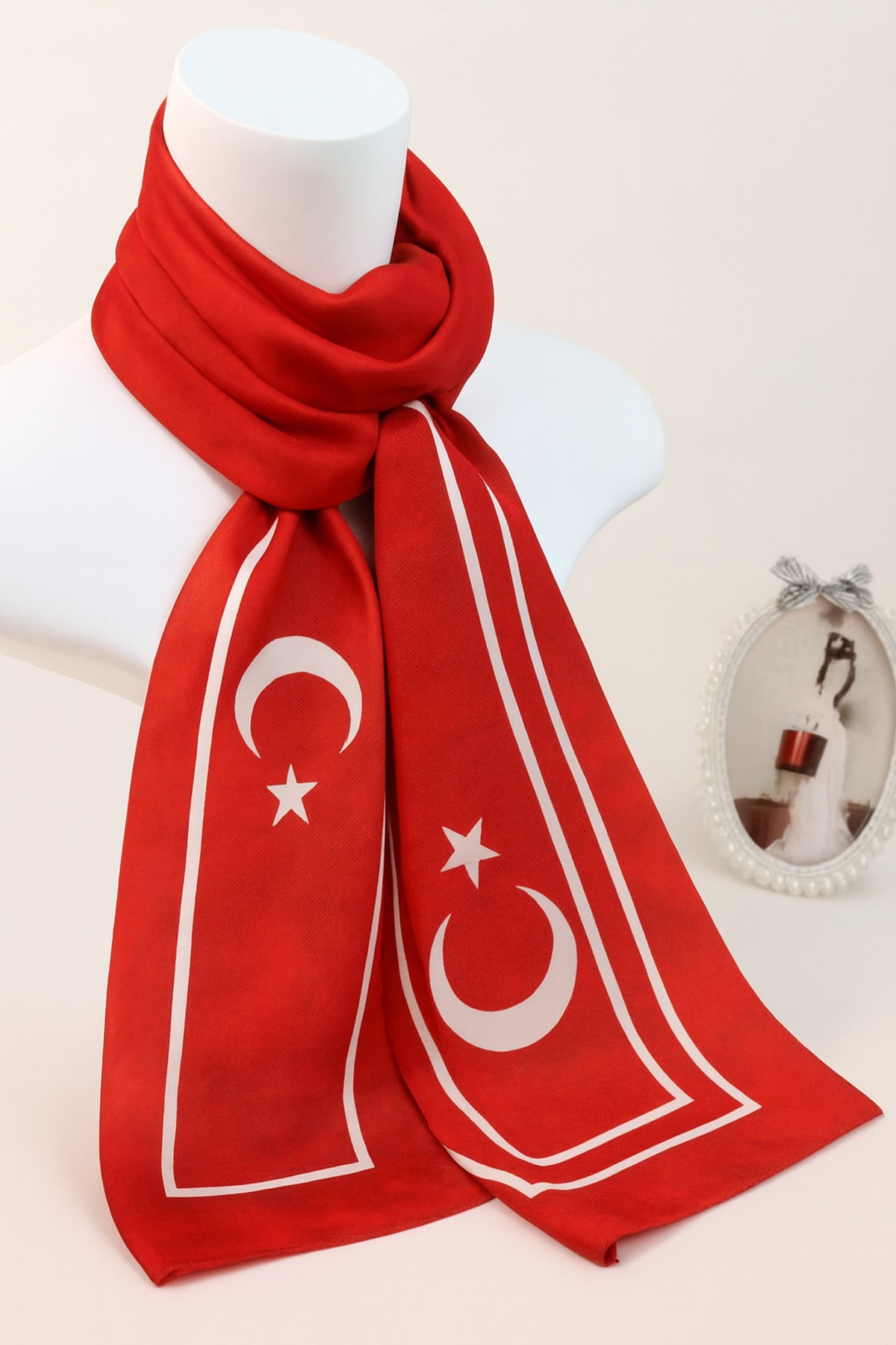 Ay Yıldızlı Bulutlu Desen Premium Saten Fular – 30x130 cm | Resmi Organizasyon Kurumsal Tören Stil - indirimsepeti