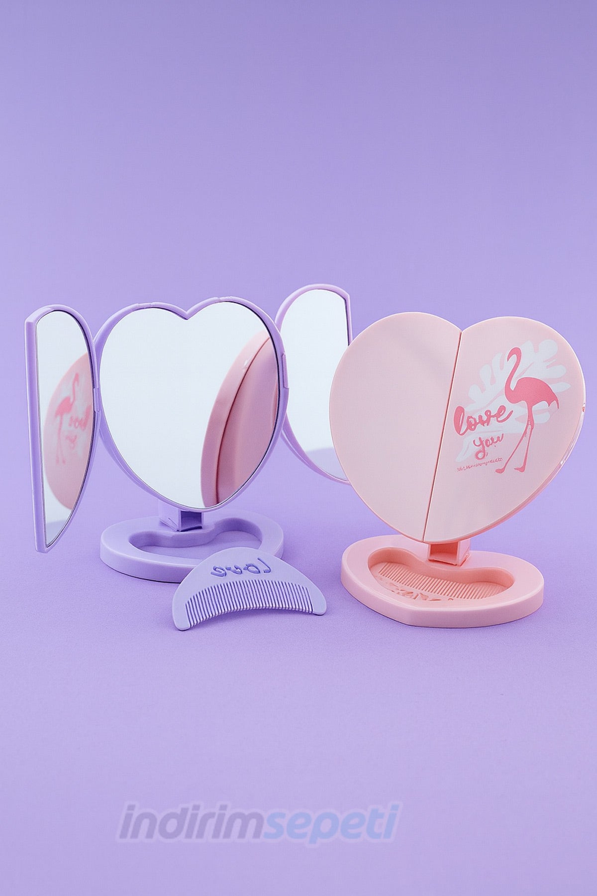 Kalpli Melek Ayna ve Tarak Modeli 3 Parça Katlanır Portatif Masaüstü Kozmetik Ayna Makyaj Aynası Hediyelik 1 Adet