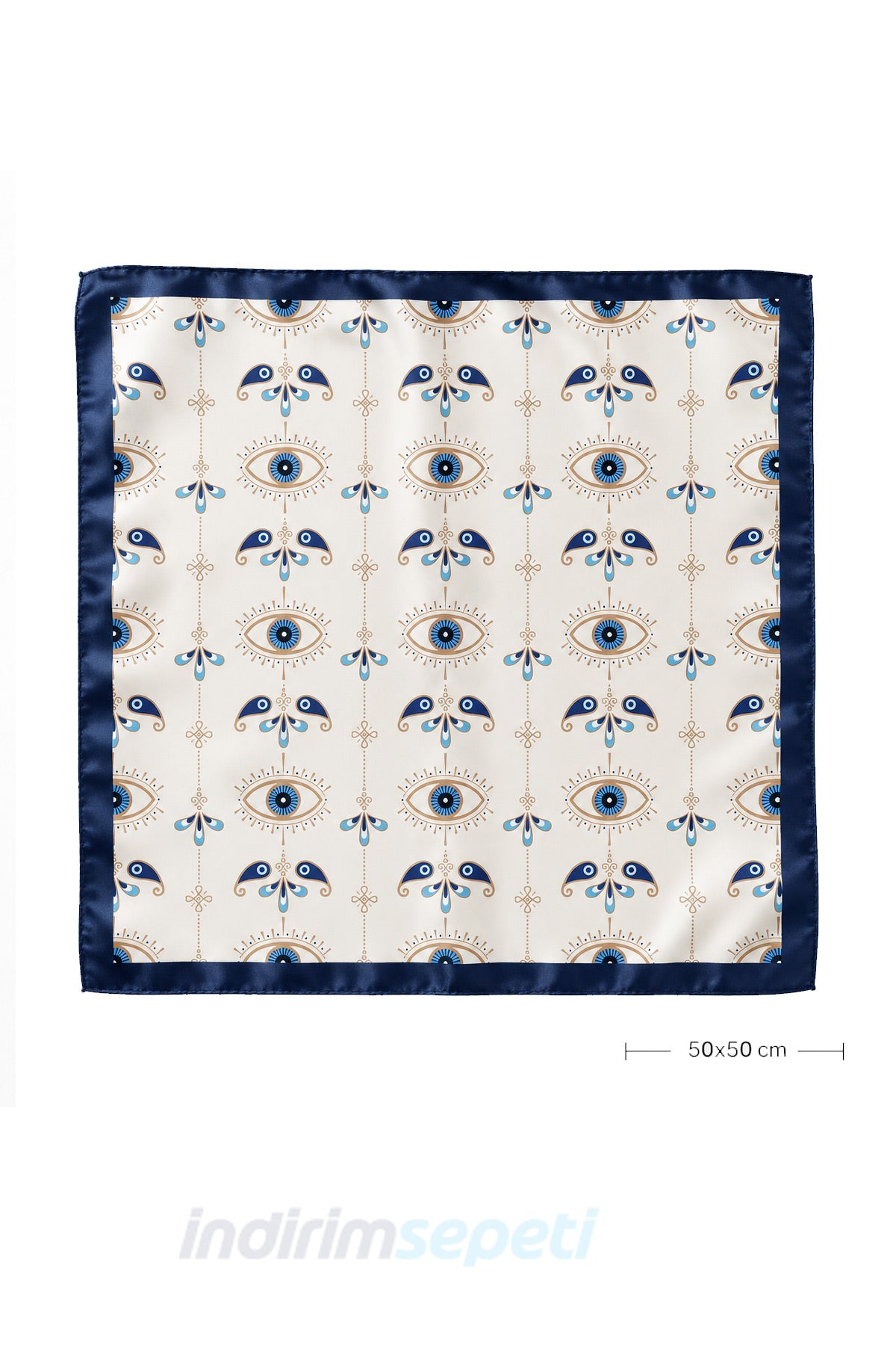 Nazar Desenli Lacivert Saten Bandana 50x50 cm – Şık Kare Fular, Saç & Boyun Aksesuarı