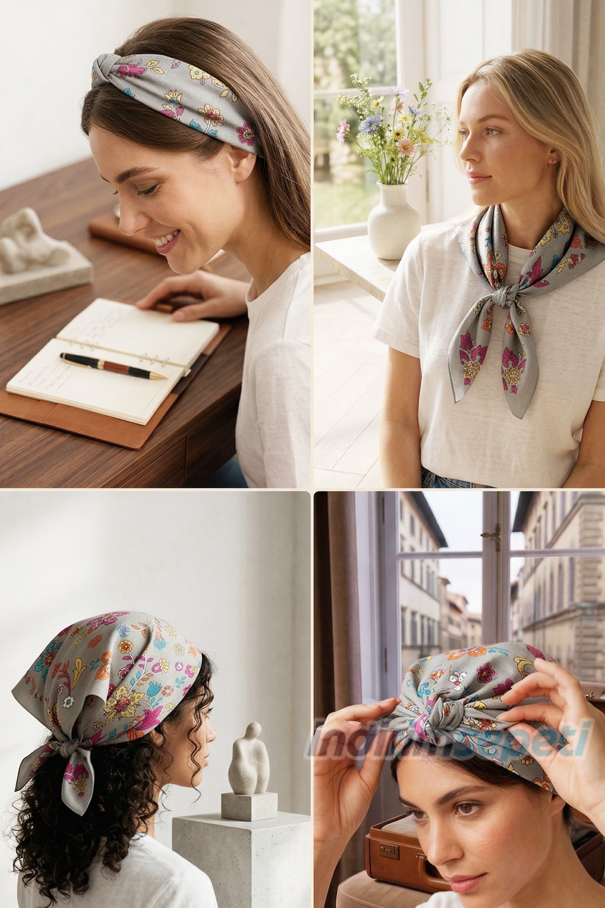 Açık Gri Çiçek Desenli Pamuklu Bandana 52x52 cm – Çok Amaçlı Şık Fular & Saç Bandı Aksesuar - indirimsepeti