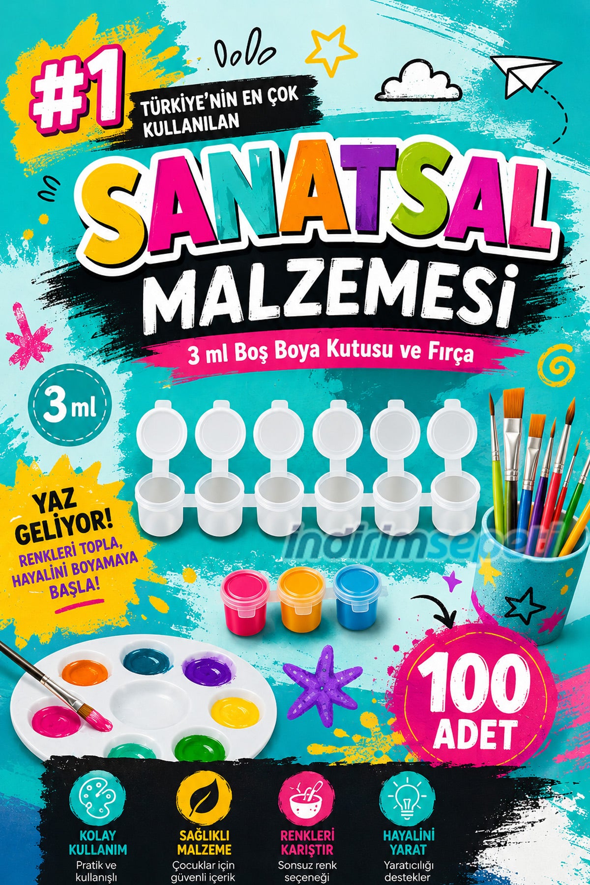 Boyama Başlangıç Seti 100’lü 3ml Boya Kutusu + 100’lü Fırça Okul Atölye Eğitim Seti