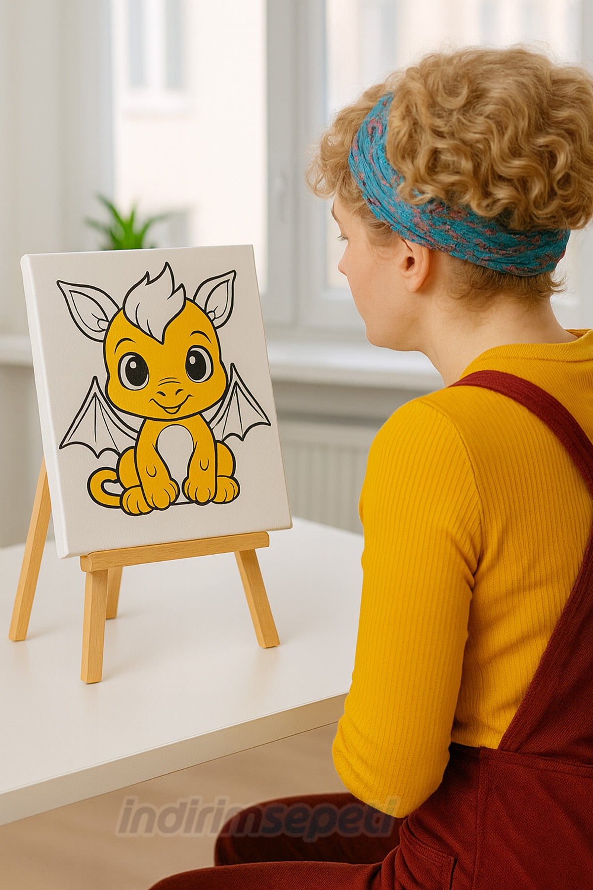 Ahşap Şövale ve 20x20 Çizimli Boyama Tuvali Seti – Çocuk Sanat Etkinliği ve Dekor Sunum Standı