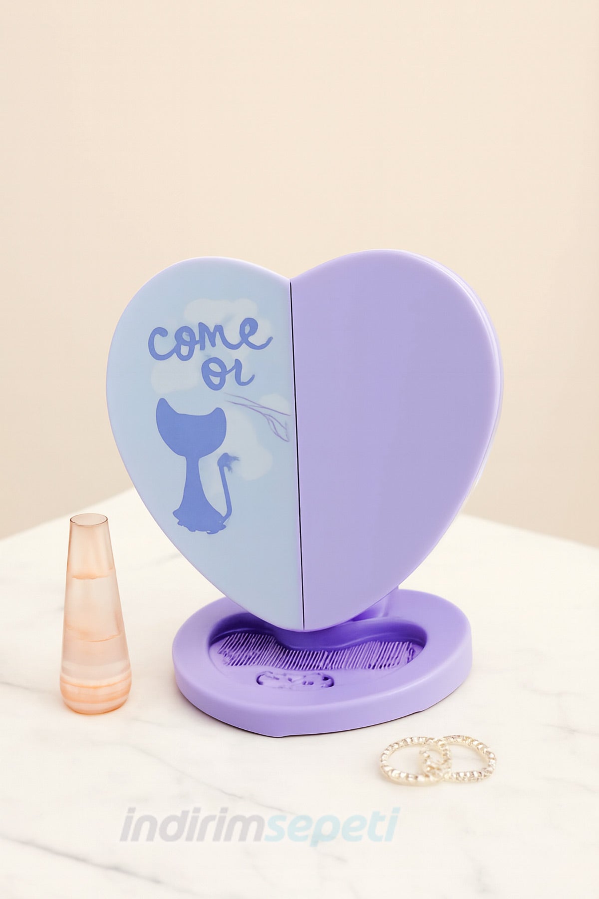 Kalpli Melek Ayna ve Tarak Modeli 3 Parça Katlanır Portatif Masaüstü Kozmetik Ayna Makyaj Aynası Hediyelik 1 Adet