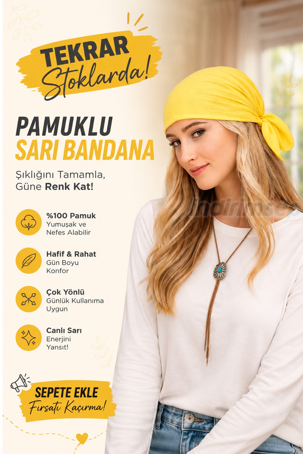 Sarı Pamuklu Bandana Fular – Hafif, Katlanabilir & Çok Amaçlı Saç Aksesuarı (50x50 cm)