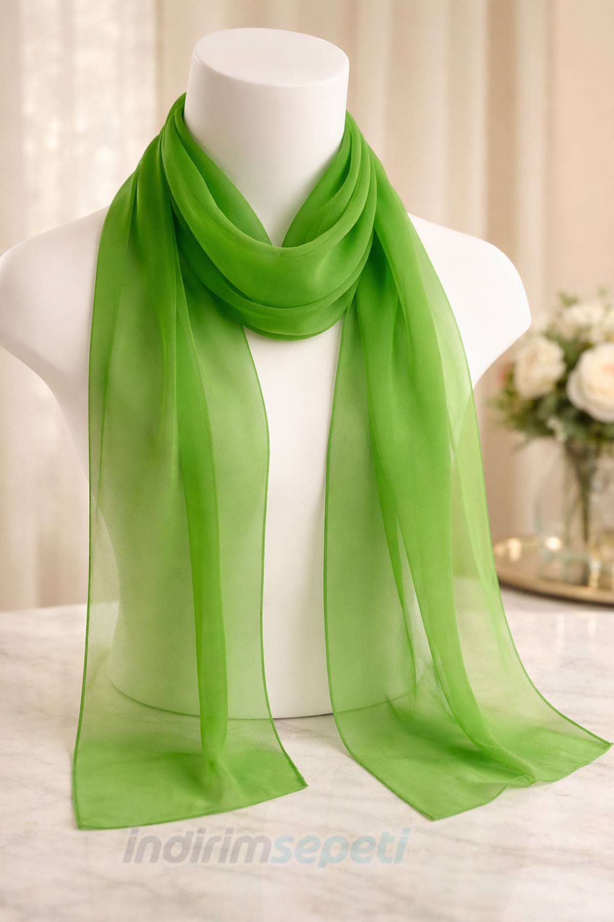 Yeşil Şifon Şal 120x22 cm – %100 Polyester, Yumuşak Dokulu, Olgun Tarz, Çok Amaçlı Dekoratif Aksesuar - indirimsepeti