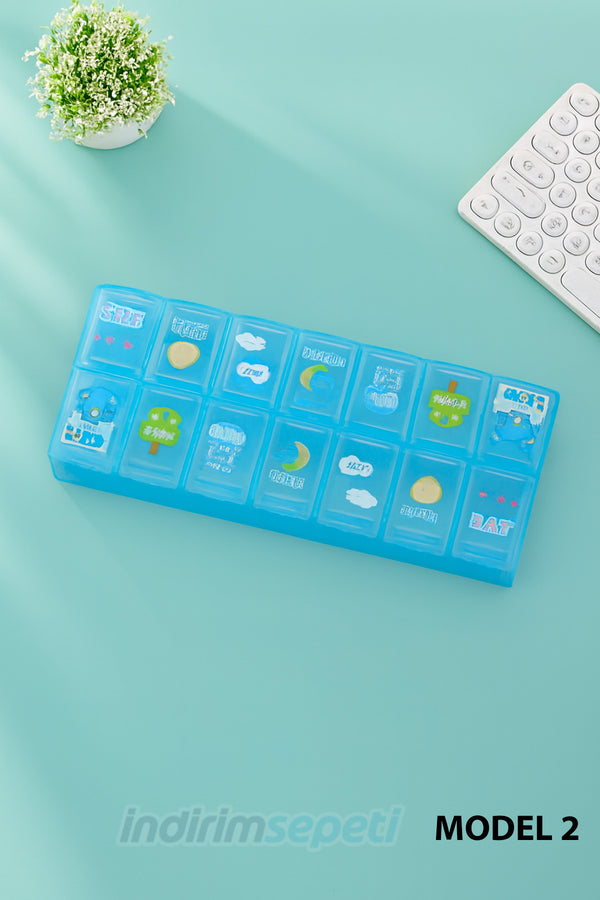 14 Bölmeli Haftalık İlaç Düzenleyici – Günlük Takvimli, Taşınabilir Renkli Vitamin ve İlaç Kutusu