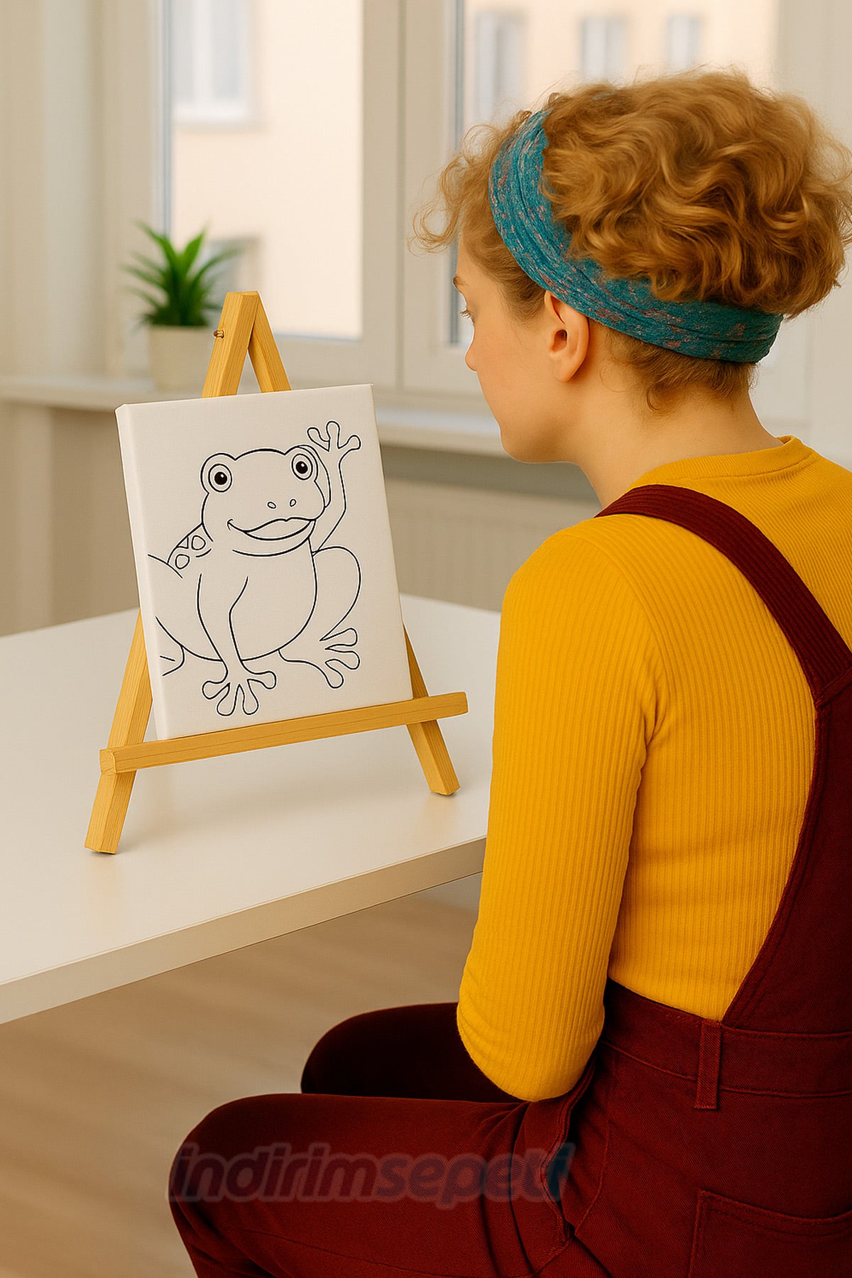 Ahşap Şövale ve 20x20 Çizimli Boyama Tuvali Seti – Çocuk Sanat Etkinliği ve Dekor Sunum Standı