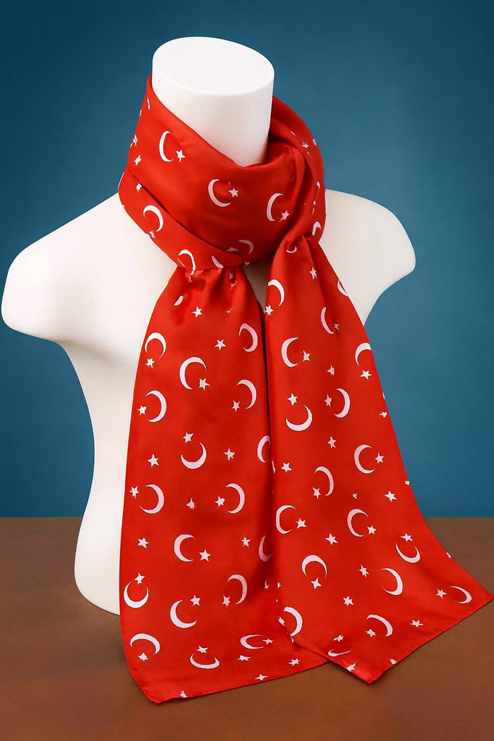 Kırmızı Ay-Yıldız Saten Fular | 30x140 cm Premium Parlak Kumaş Çoklu Ay yıldız Fular Saten