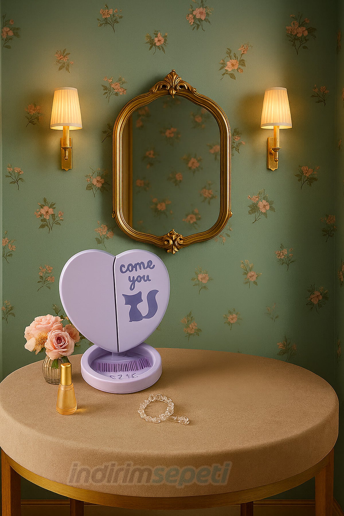 Kalpli Melek Ayna ve Tarak Modeli 3 Parça Katlanır Portatif Masaüstü Kozmetik Ayna Makyaj Aynası Hediyelik 1 Adet