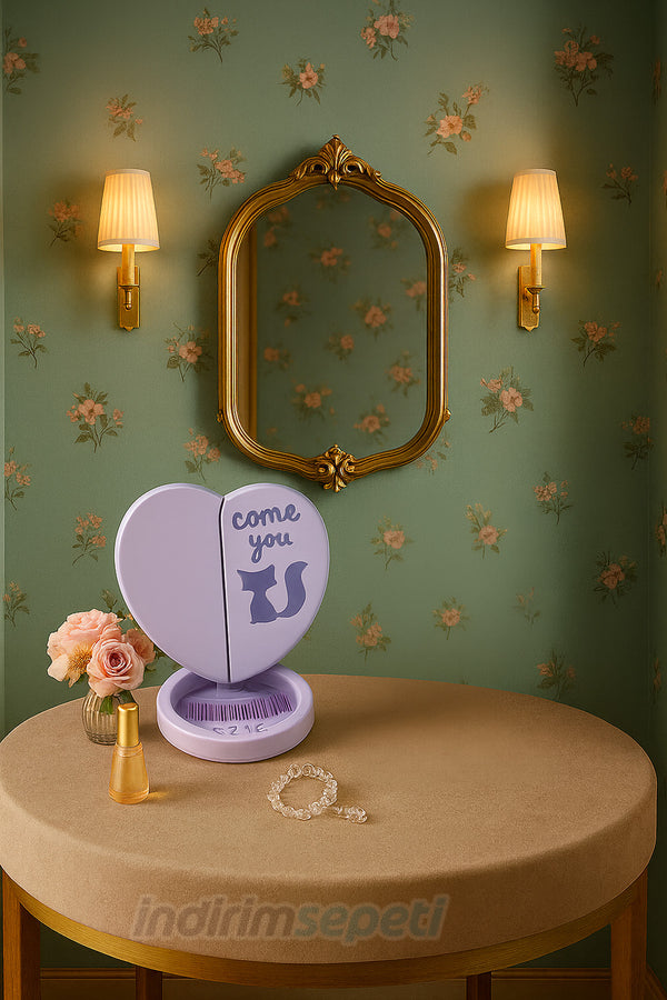 Kalpli Melek Ayna ve Tarak Modeli 3 Parça Katlanır Portatif Masaüstü Kozmetik Ayna Makyaj Aynası Hediyelik 1 Adet