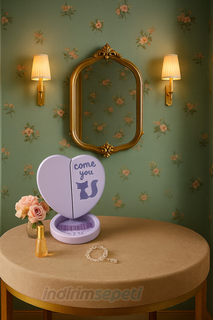 Kalpli Melek Ayna ve Tarak Modeli 3 Parça Katlanır Portatif Masaüstü Kozmetik Ayna Makyaj Aynası Hediyelik 1 Adet