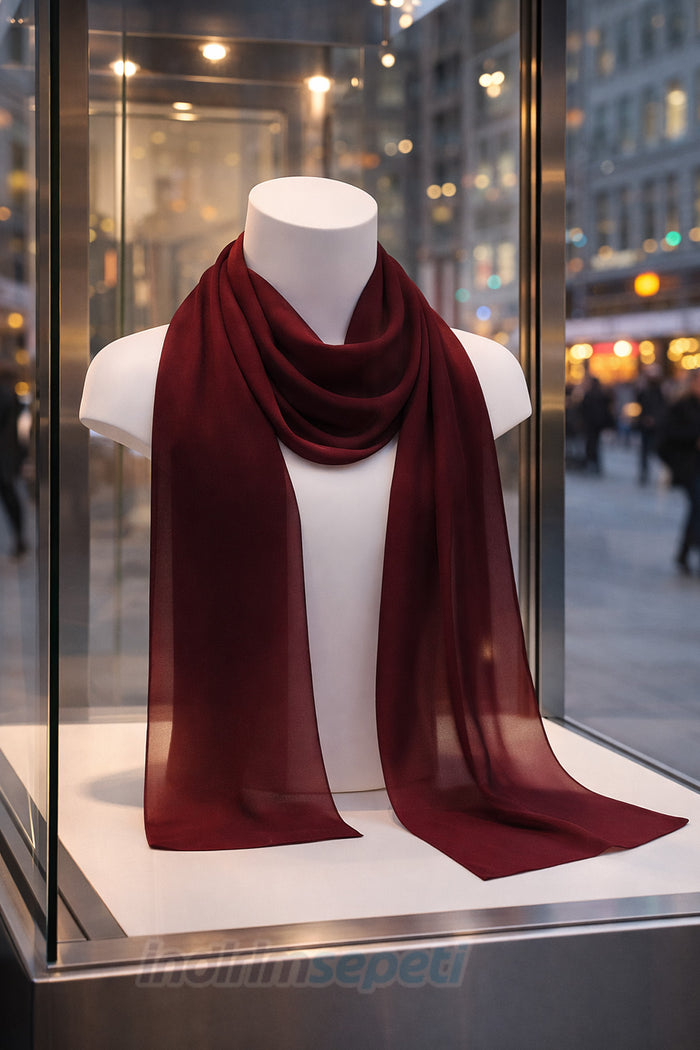 Bordo Uzun Şifon Şal – Zarif Dokulu, %100 Polyester, Olgun ve Klasik Stil Tamamlayıcı 120x25 cm