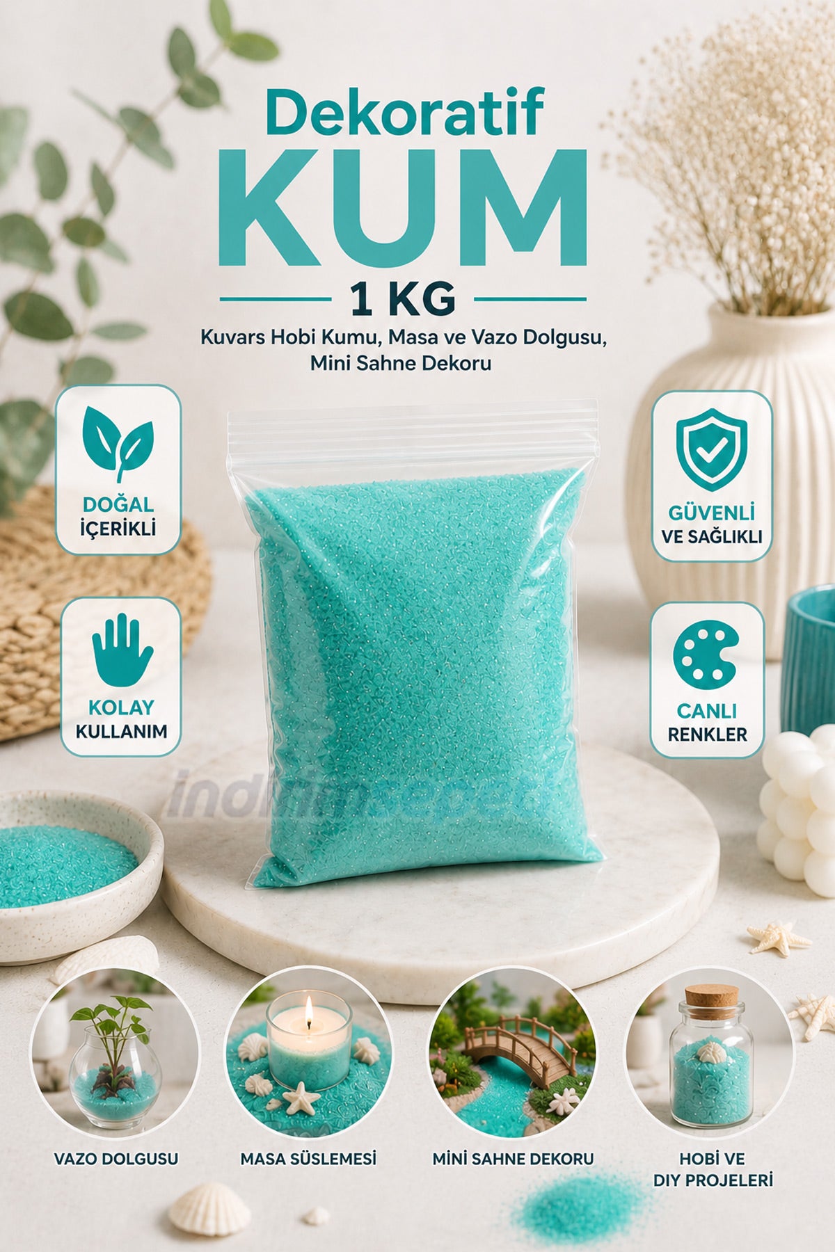 Turkuaz Dekoratif Kuvars Kum 1 KG – Tozsuz, Toksik İçermez, İnce Taneli Hobi Kumu, Kum Boyama