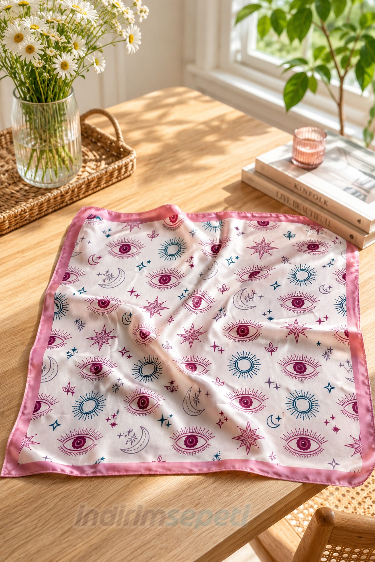 Pembe Nazar Göz Desenli Saten Bandana 50x50 cm – Astrolojik Yıldız & Ay Motifli İpeksi Kare Fular