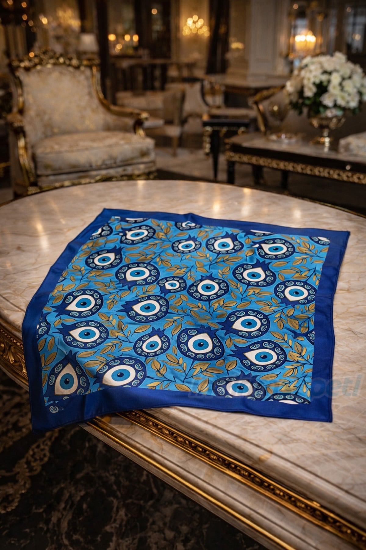 Nazar Boncuklu & Lale Desenli Saten Bandana Fular Çanta Aksesuarı & Boyun Fuları 50x50 cm Mavi