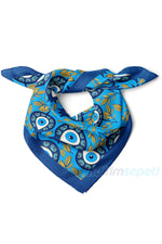 Nazar Boncuklu & Lale Desenli Saten Bandana Fular Çanta Aksesuarı & Boyun Fuları 50x50 cm Mavi