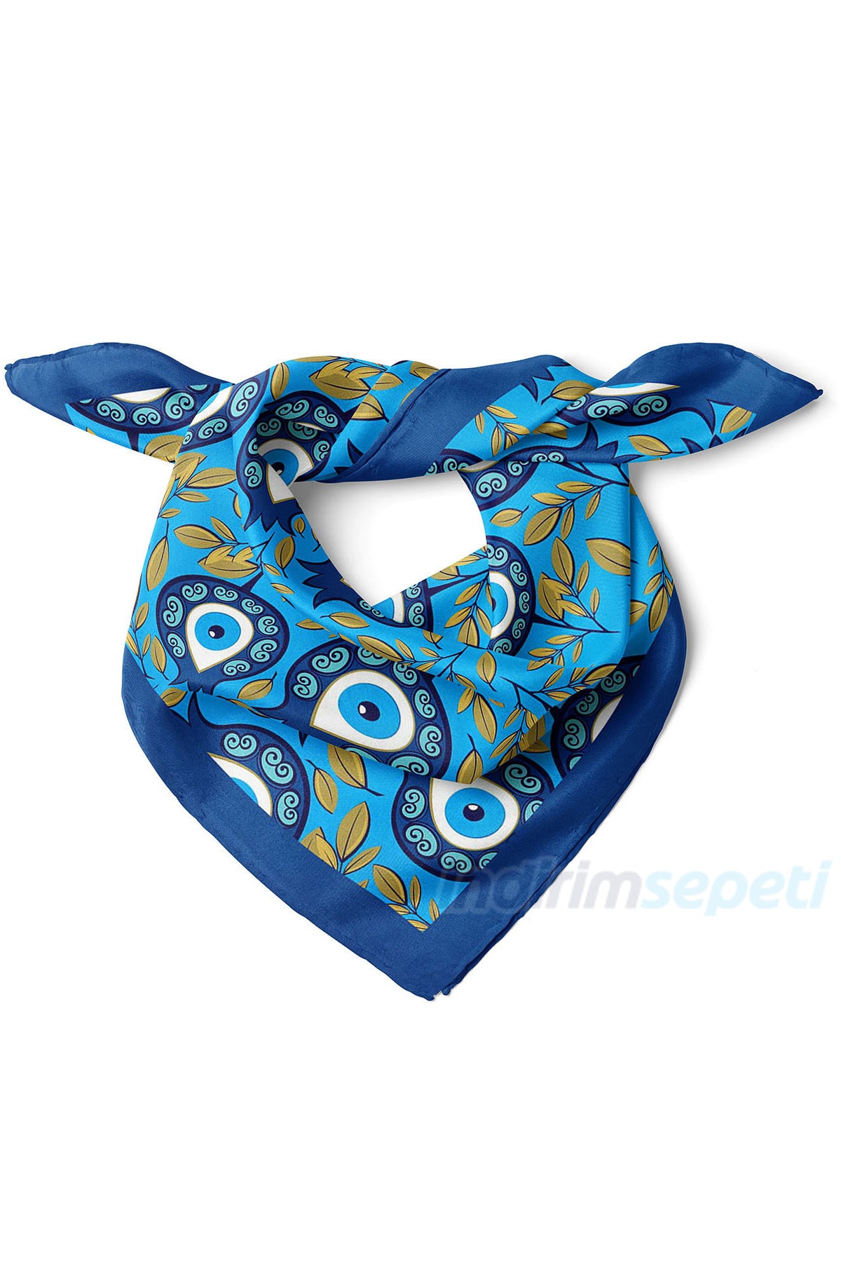 Nazar Boncuklu & Lale Desenli Saten Bandana Fular Çanta Aksesuarı & Boyun Fuları 50x50 cm Mavi