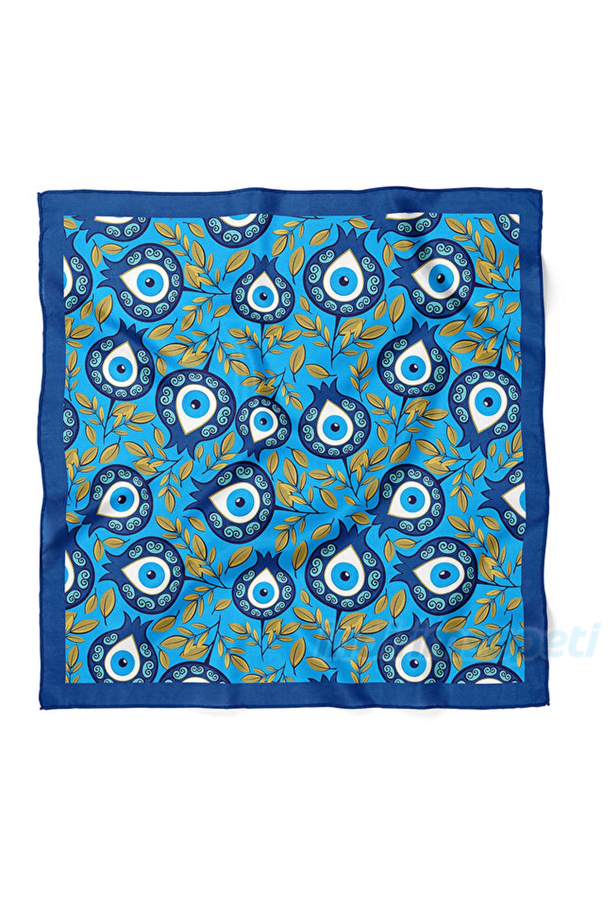Nazar Boncuklu & Lale Desenli Saten Bandana Fular Çanta Aksesuarı & Boyun Fuları 50x50 cm Mavi