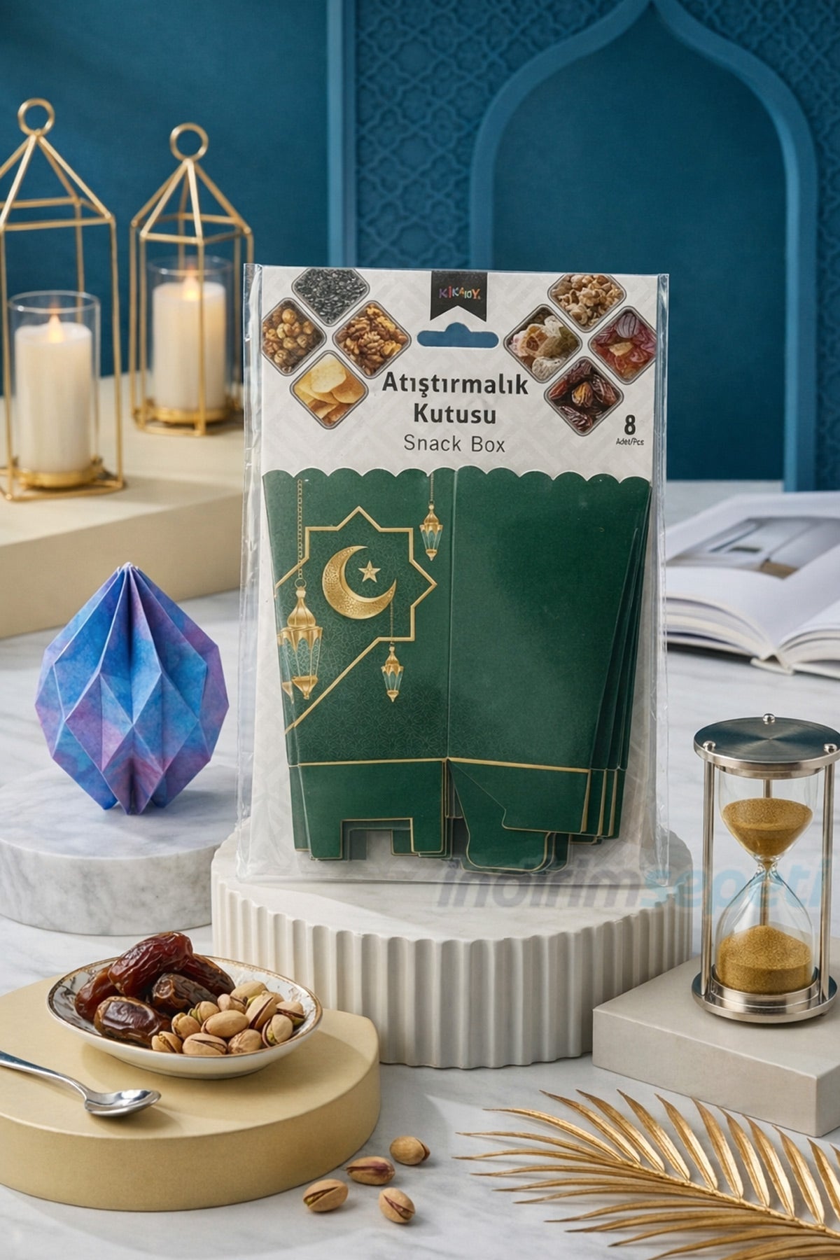 Ramazan Temalı 8’li Atıştırmalık Kutusu – Haki Yeşil Ay Yıldız Desenli Karton Snack Box Seti - indirimsepeti