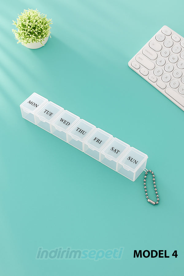 7 Bölmeli Haftalık Şeffaf İlaç Düzenleyici – Anahtarlıklı Taşınabilir Vitamin ve Hap Kutusu