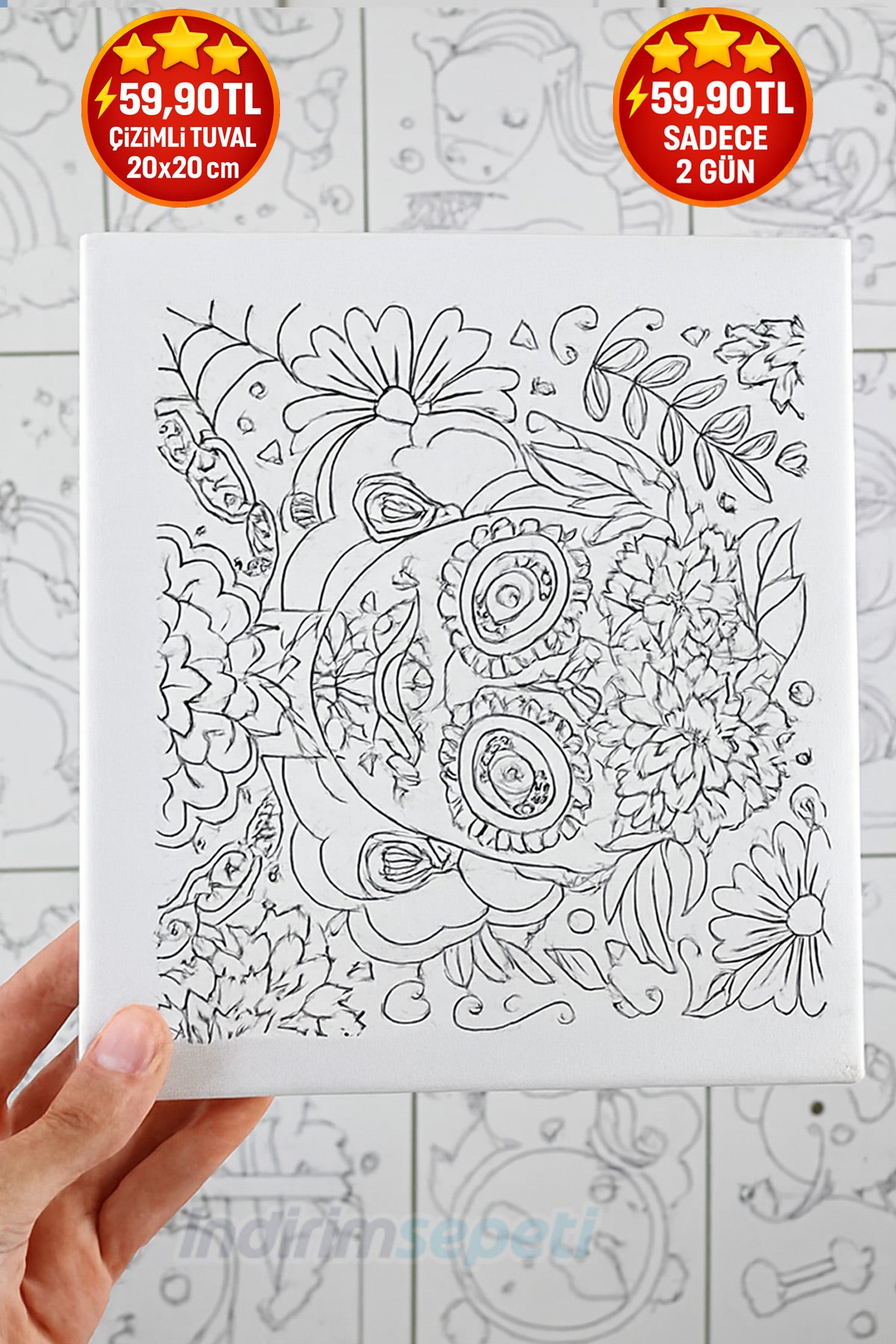 Çizimli Tuval 20x20 cm | Çizilmiş Boyama Kanvas Tuval | Çocuklar için Eğitici Boyama 1 Adet