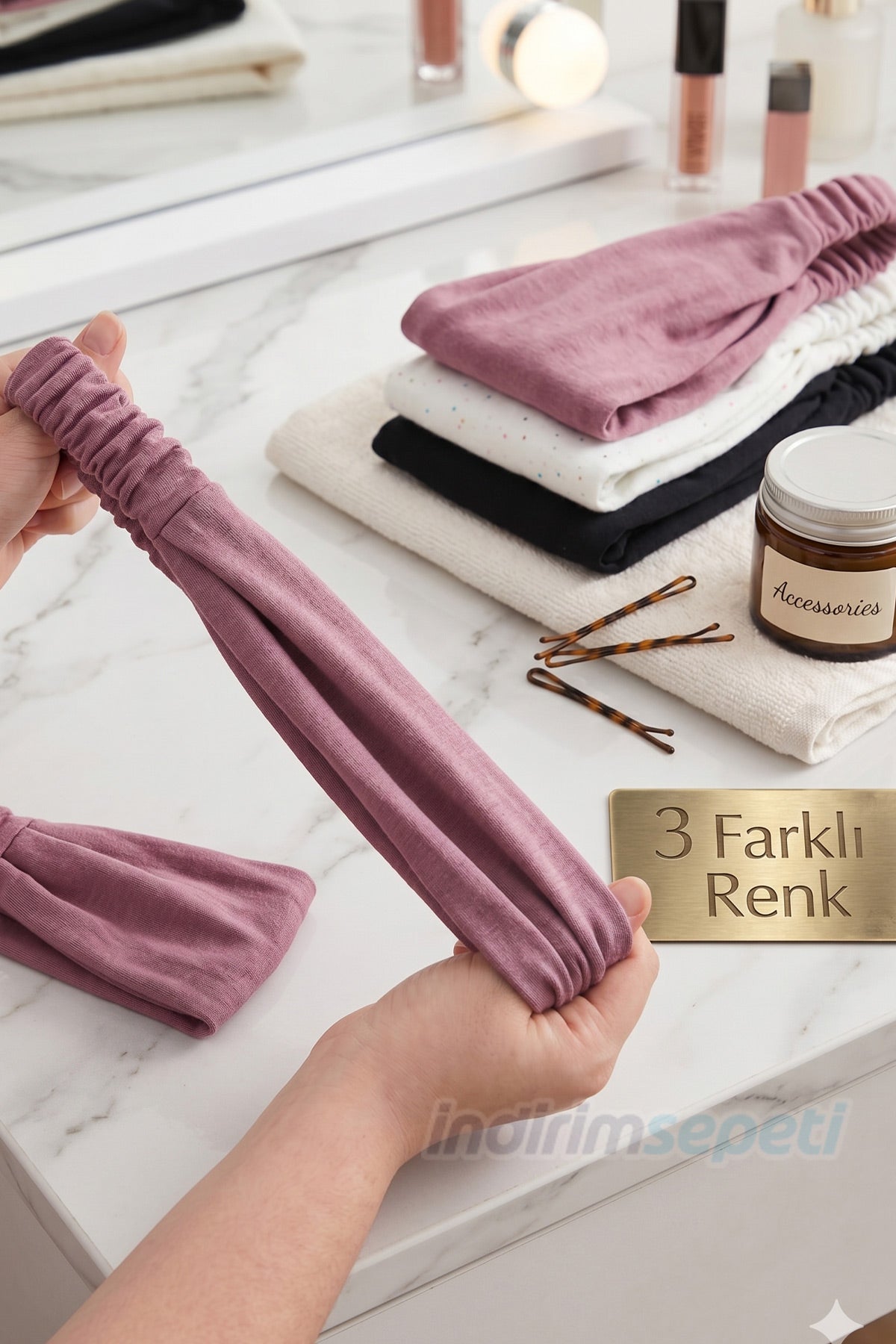 Saç Bandı Pamuklu Lastikli 3 Farklı Renk Model 16 Bahar ve Yaz Stili, Esnek Bandı Krem Koyu Lacivert Gül Kurusu - indirimsepeti