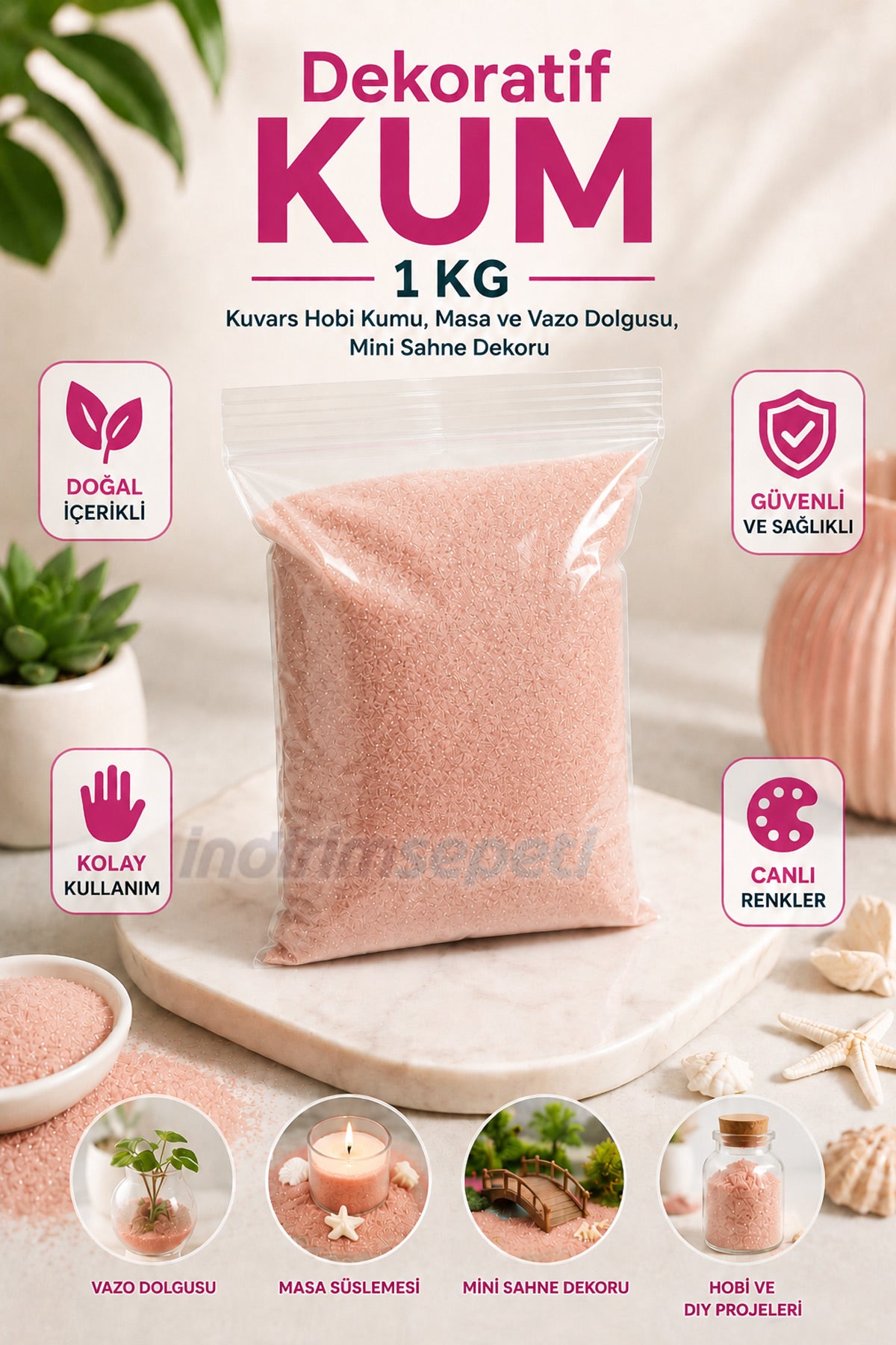 Pudra Dekoratif Kuvars Kum 1 KG – Tozsuz, Toksik içermez, İnce Taneli Hobi Kumu, Kum Boyama, Vazo Dolgusu