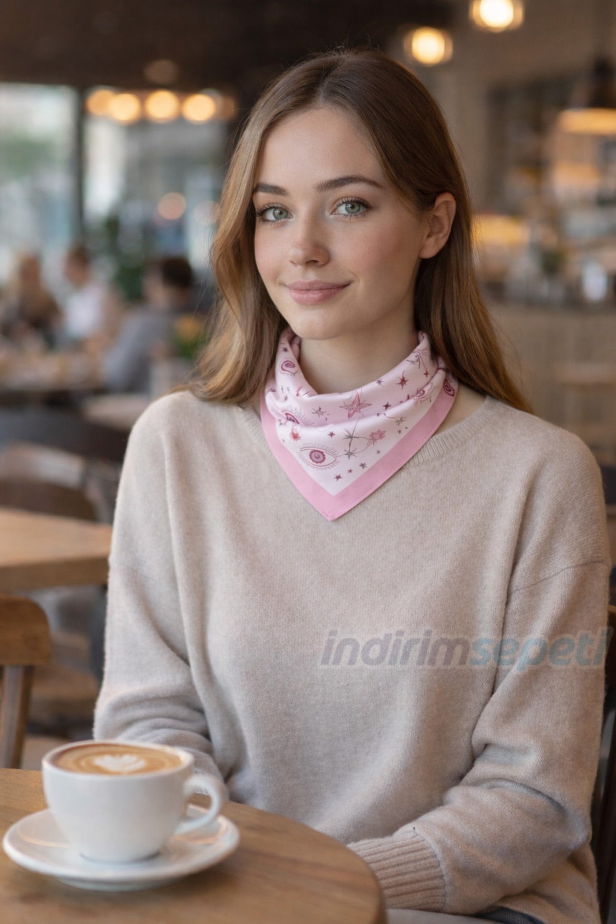 Mistik Göz, Ay ve Yıldız Figürlü Pembe Saten Fular - Saç ve Boyun Aksesuarı