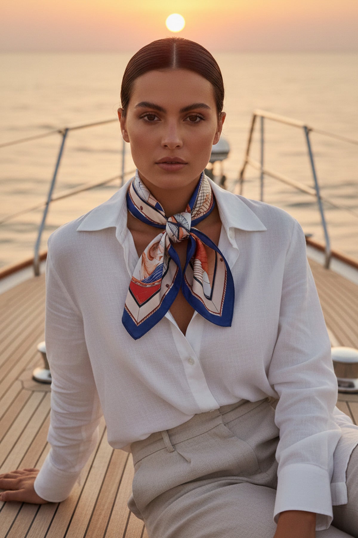 Yelkenli Desenli Saten Bandana Fular – 50x50 cm Deniz Temalı Saç ve Çanta Aksesuar