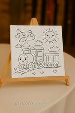 Ahşap Şövale ve 20x20 Çizimli Boyama Tuvali Seti – Çocuk Sanat Etkinliği ve Dekor Sunum Standı