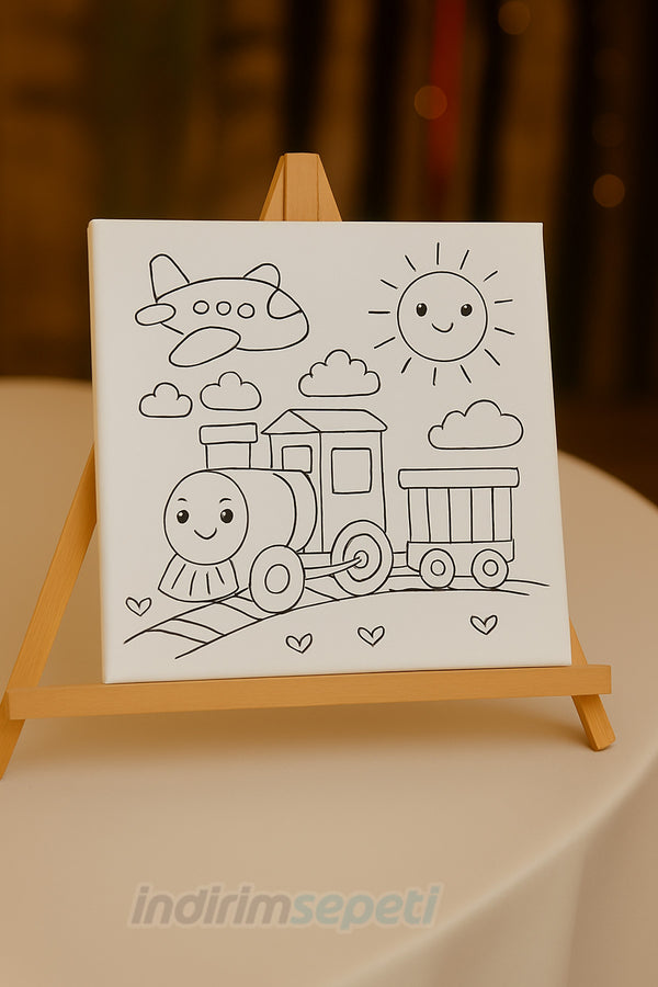 Ahşap Şövale ve 20x20 Çizimli Boyama Tuvali Seti – Çocuk Sanat Etkinliği ve Dekor Sunum Standı