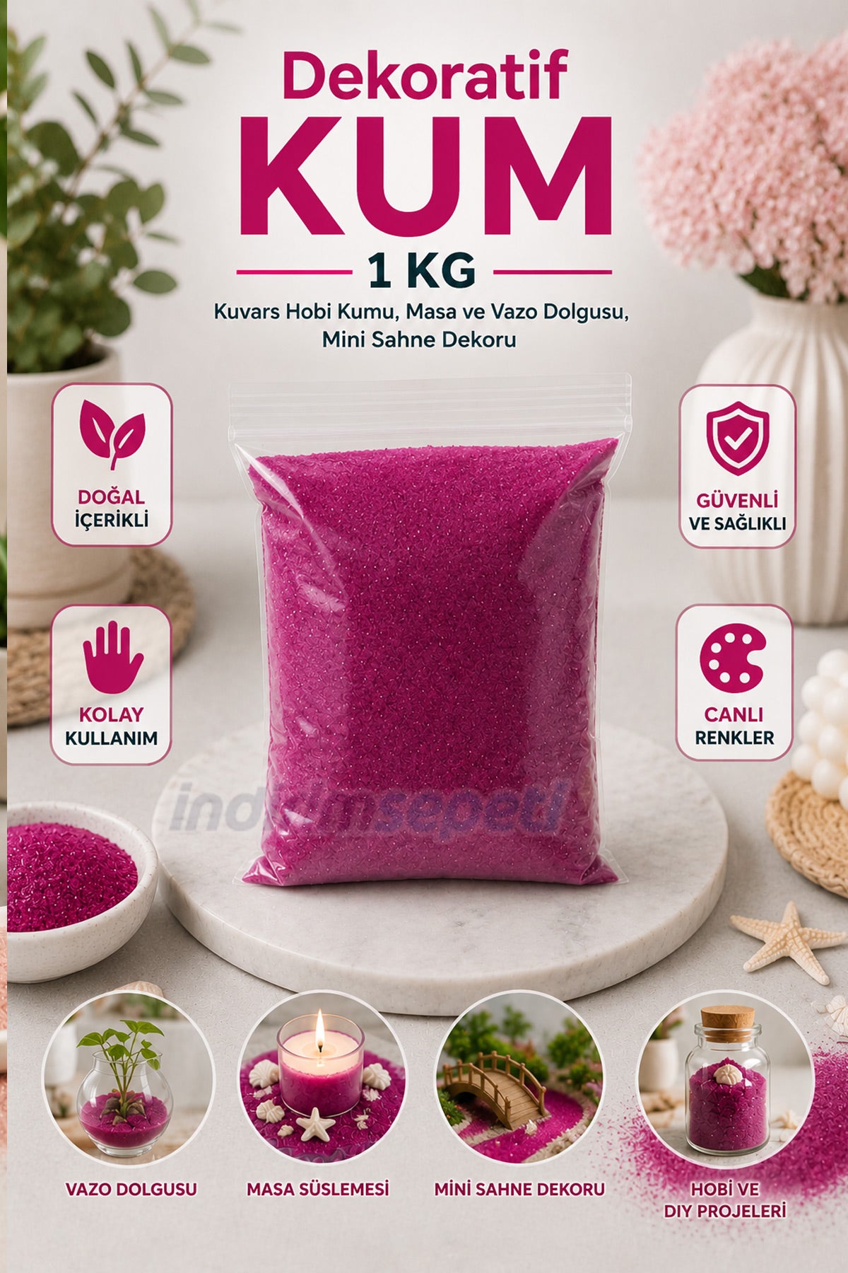Fuşya Dekoratif Kuvars Kum 1 KG – Tozsuz, Toksik İçermez, İnce Taneli Hobi Kumu, Kum Boyama, Vazo Dolgusu