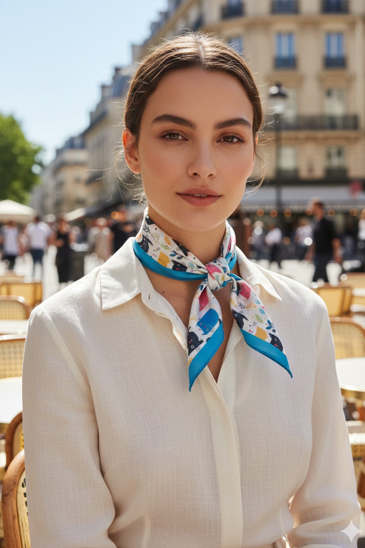 Sanatsal Kedi Desenli Saten Fular Bandana 50x50 cm – Tek Taraflı Baskı, Parlak ve Yumuşak