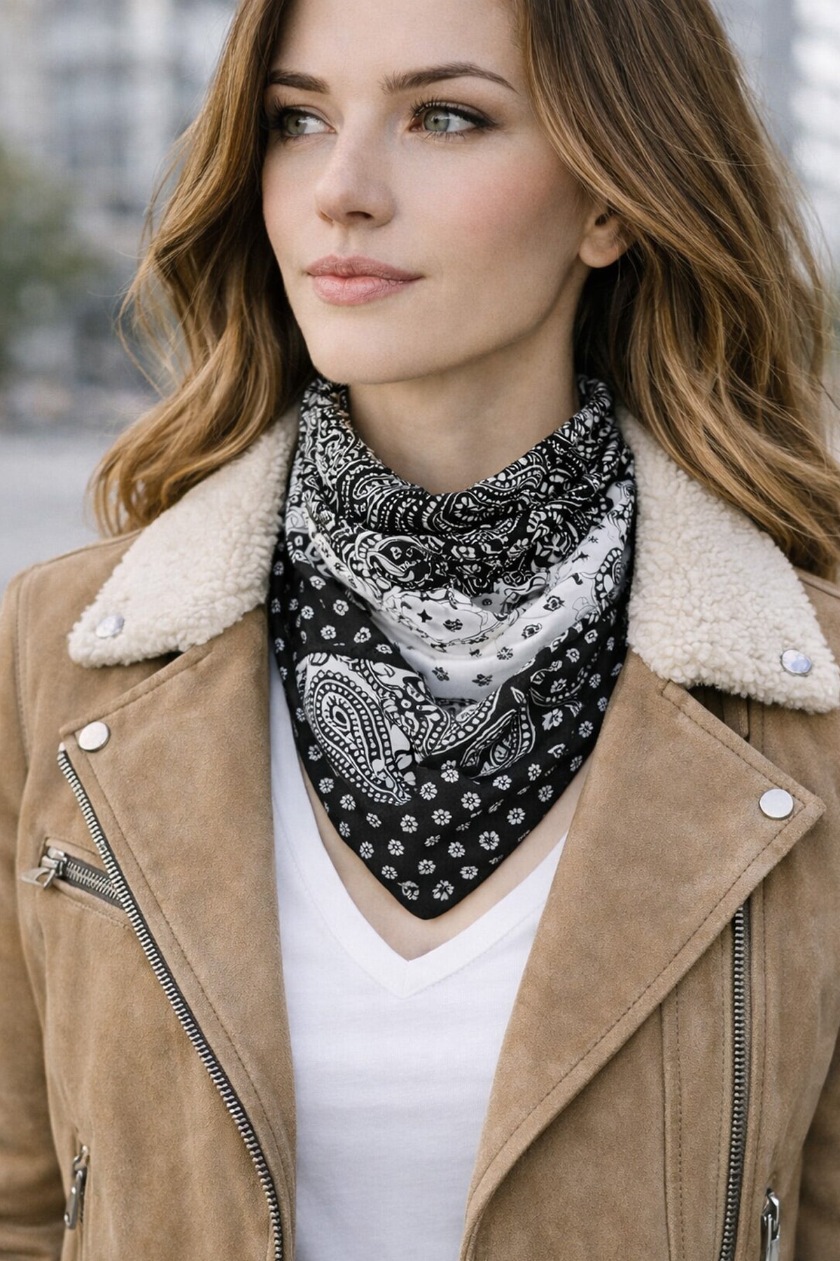 Bohem Stil Siyah-Beyaz Damla Vintage Desenli Bandana & Fular Saç ve Çanta Aksesuar