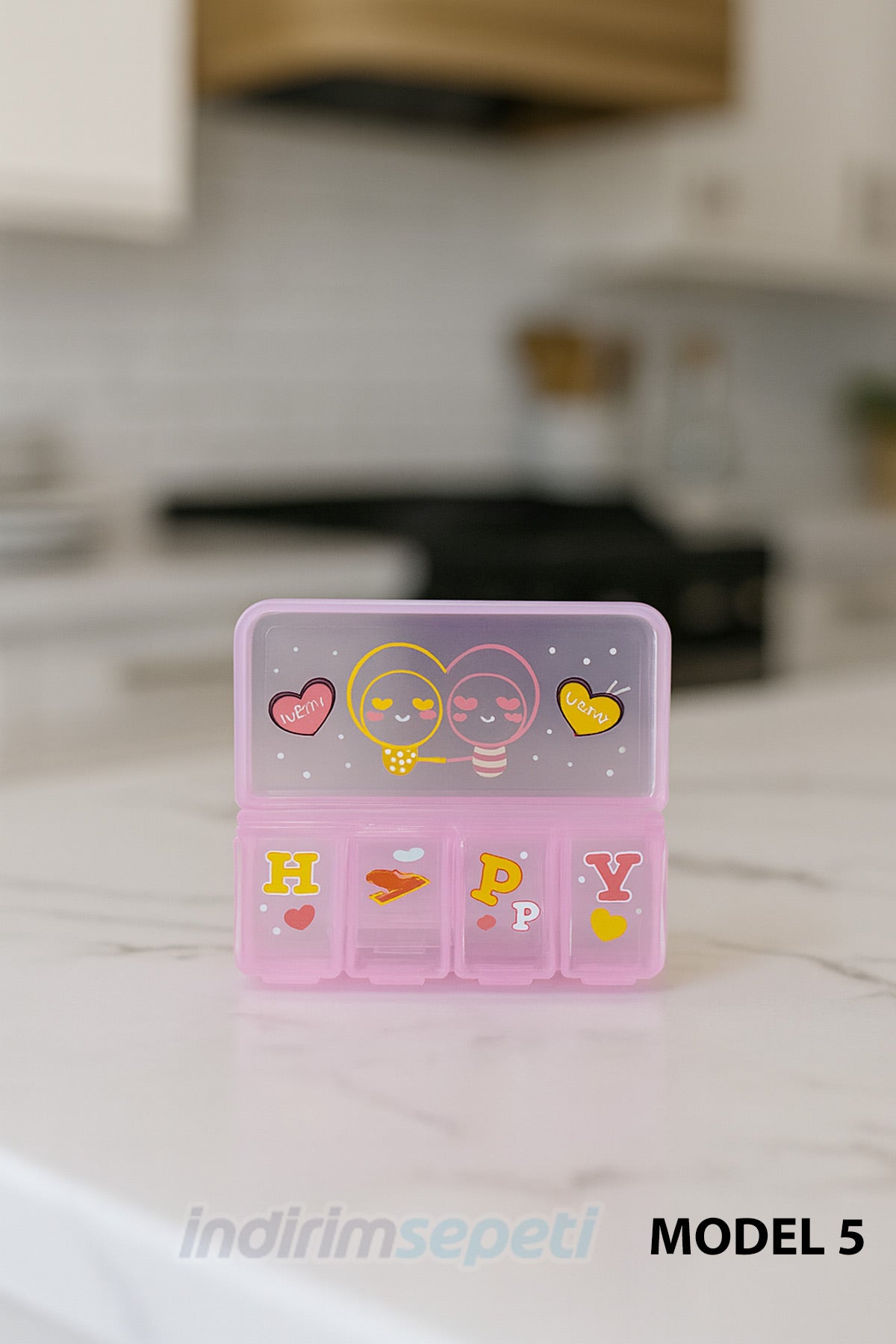 İlaç ve Takı Saklama Kutusu Sevimli 5 Bölmeli – Happy Tasarım (7×9×2 cm)