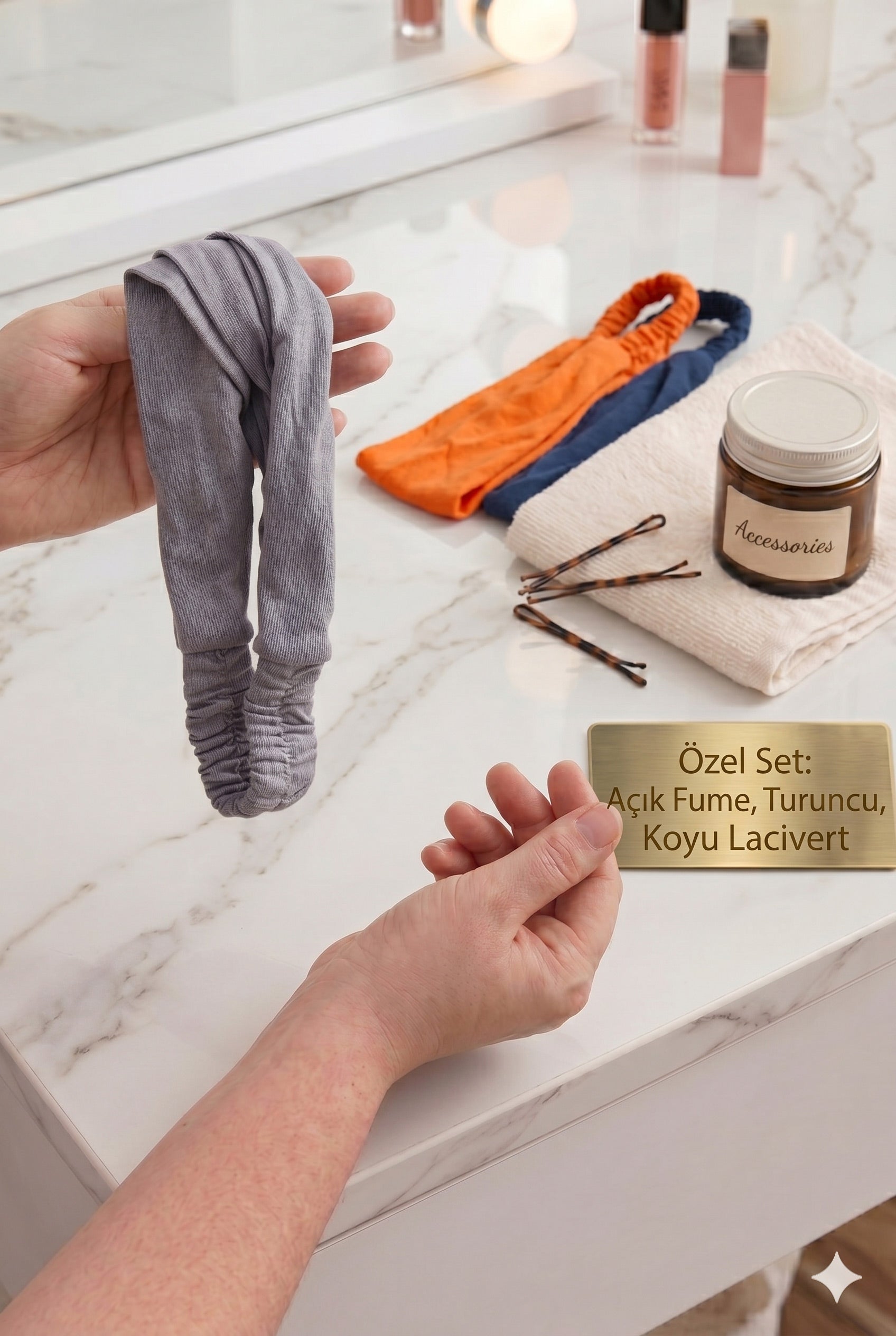 Lastikli Bandana 3’lü Set Pamuklu Esnek Saç Bandı – Model 7 Makyaj ve Cilt Bakım Bandana Turuncu Açık Füme Koyu Lacivert - indirimsepeti