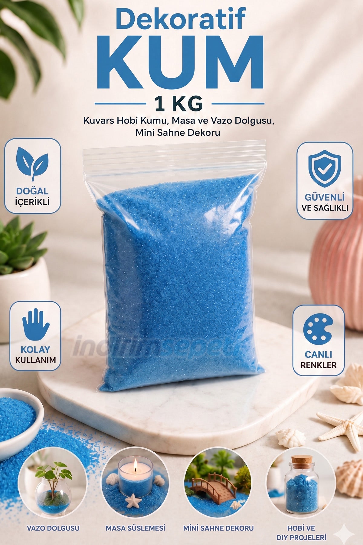Mavi Dekoratif Kuvars Kum 1 KG – Tozsuz, Toksik İçermez, İnce Taneli Hobi Kumu, Kum Boyama, Vazo Dolgusu