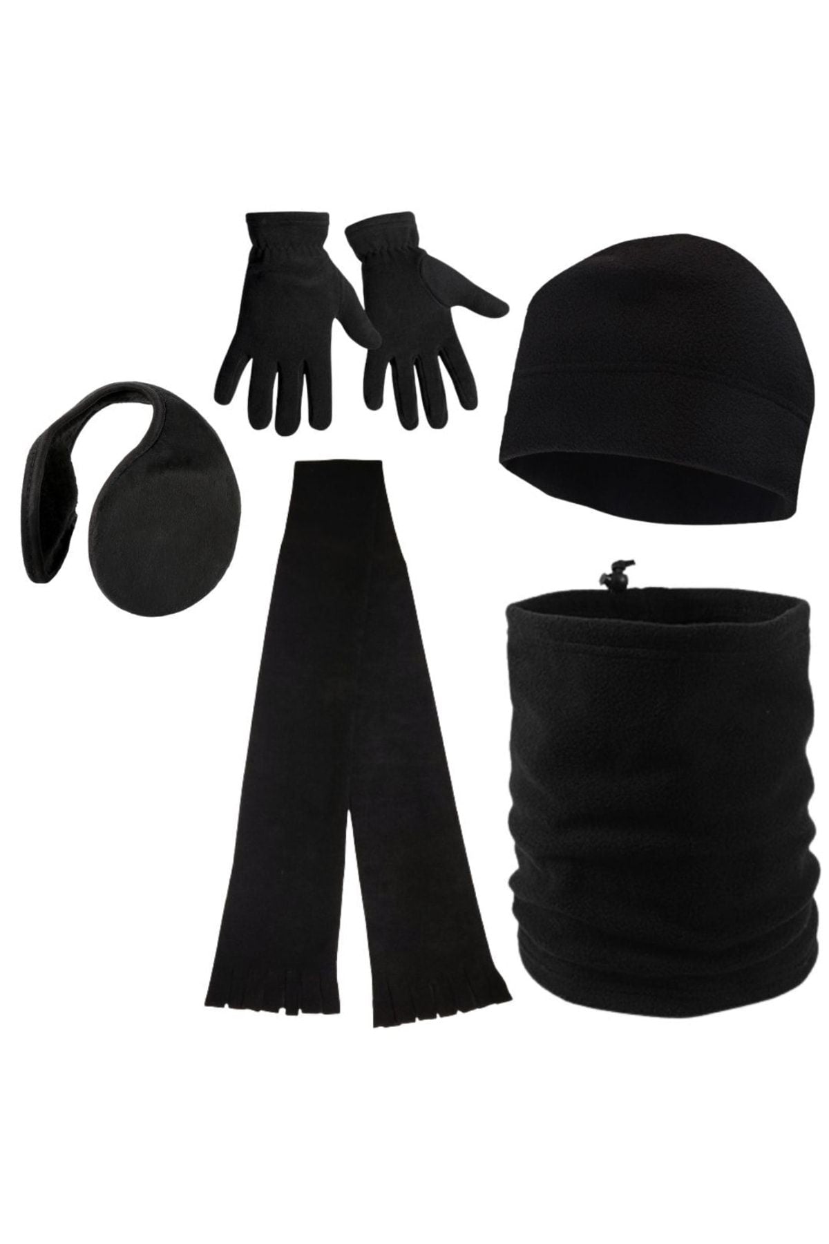 Erkek Siyah Kışlık Polar Eldiven - Polar Bere - Polar Boyunluk - Kulaklık - Atkı 5li Set - Indirimsepeti