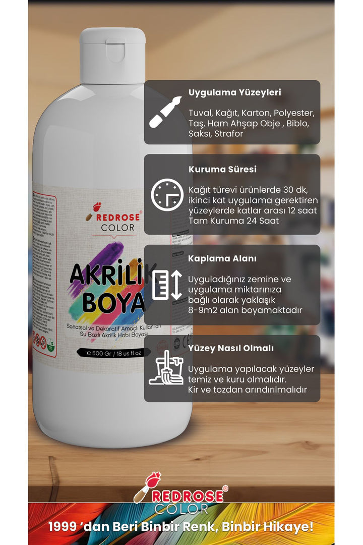 Beyaz Akrilik Boya 500 gr Sanatsal, Dekoratif, Hobi Amaçlı, Canlı Renkler - Indirimsepeti