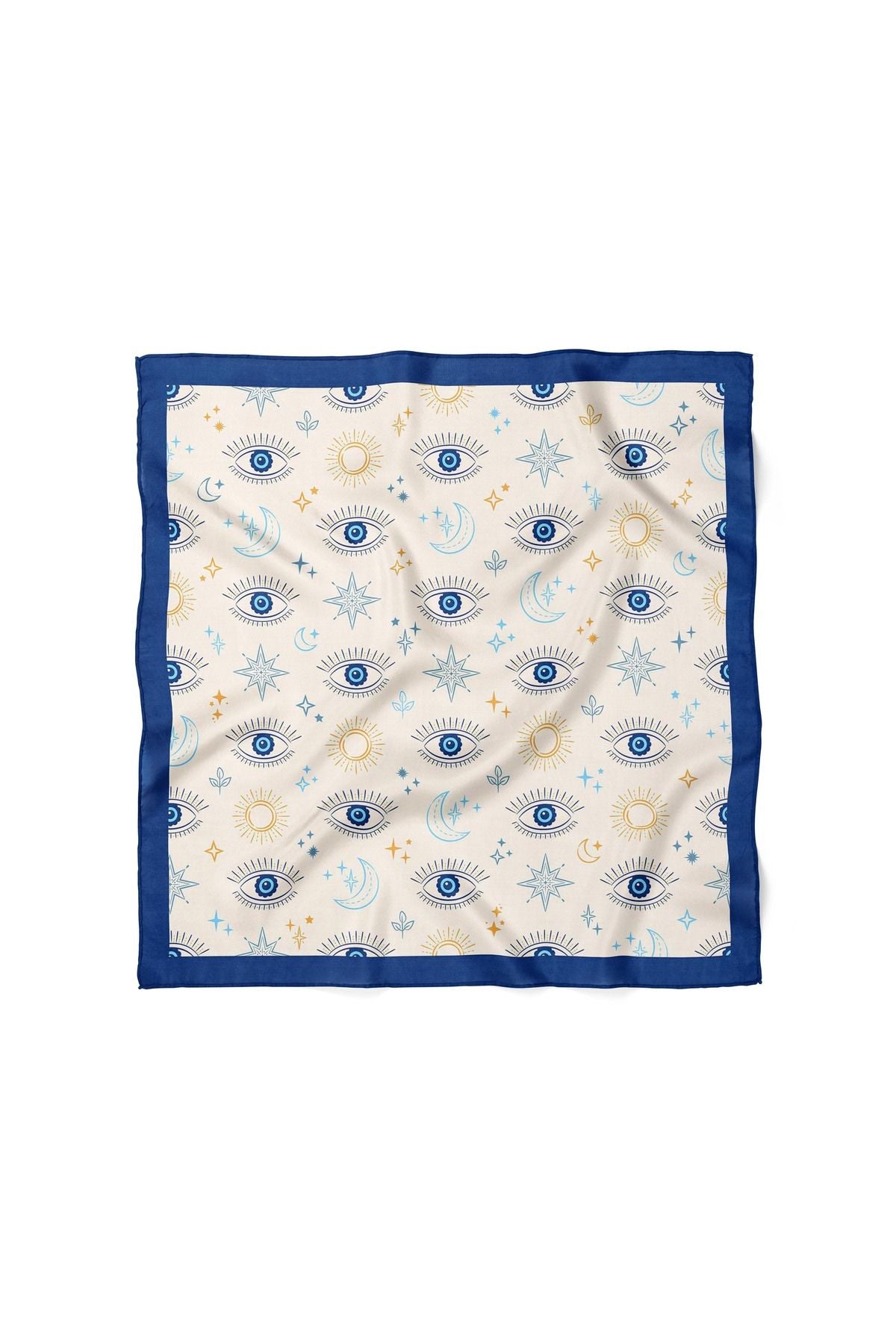Nazar Gözlü Saten Bandana 50x50 cm – Güneş, Ay ve Yıldız Desenli Şık Tasarım