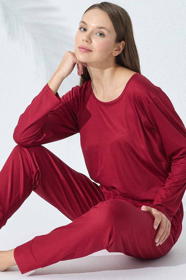 Pijama Takımı Bordo Düz V Yaka Viskon Uzun Kollu Bel Dantelli