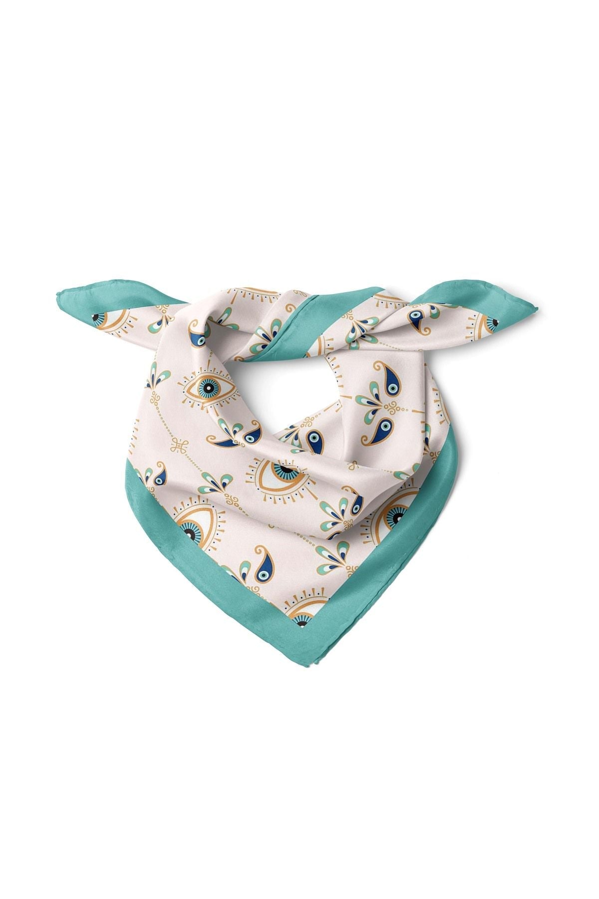 Göz Turkuaz Desenli Saten Kumaş Fular Parlak ve Soft ipeksi Bandana - Indirimsepeti