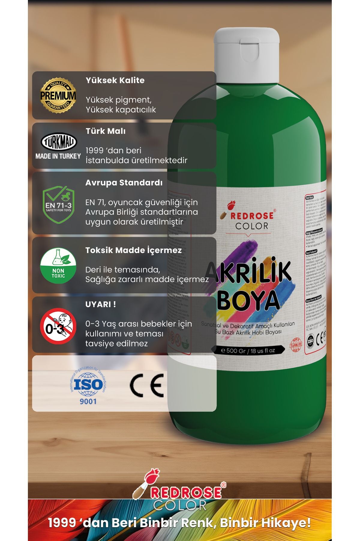 Yeşil Akrilik Boya 500 gr Sanatsal, Dekoratif, Hobi Amaçlı, Canlı Renkler - Indirimsepeti