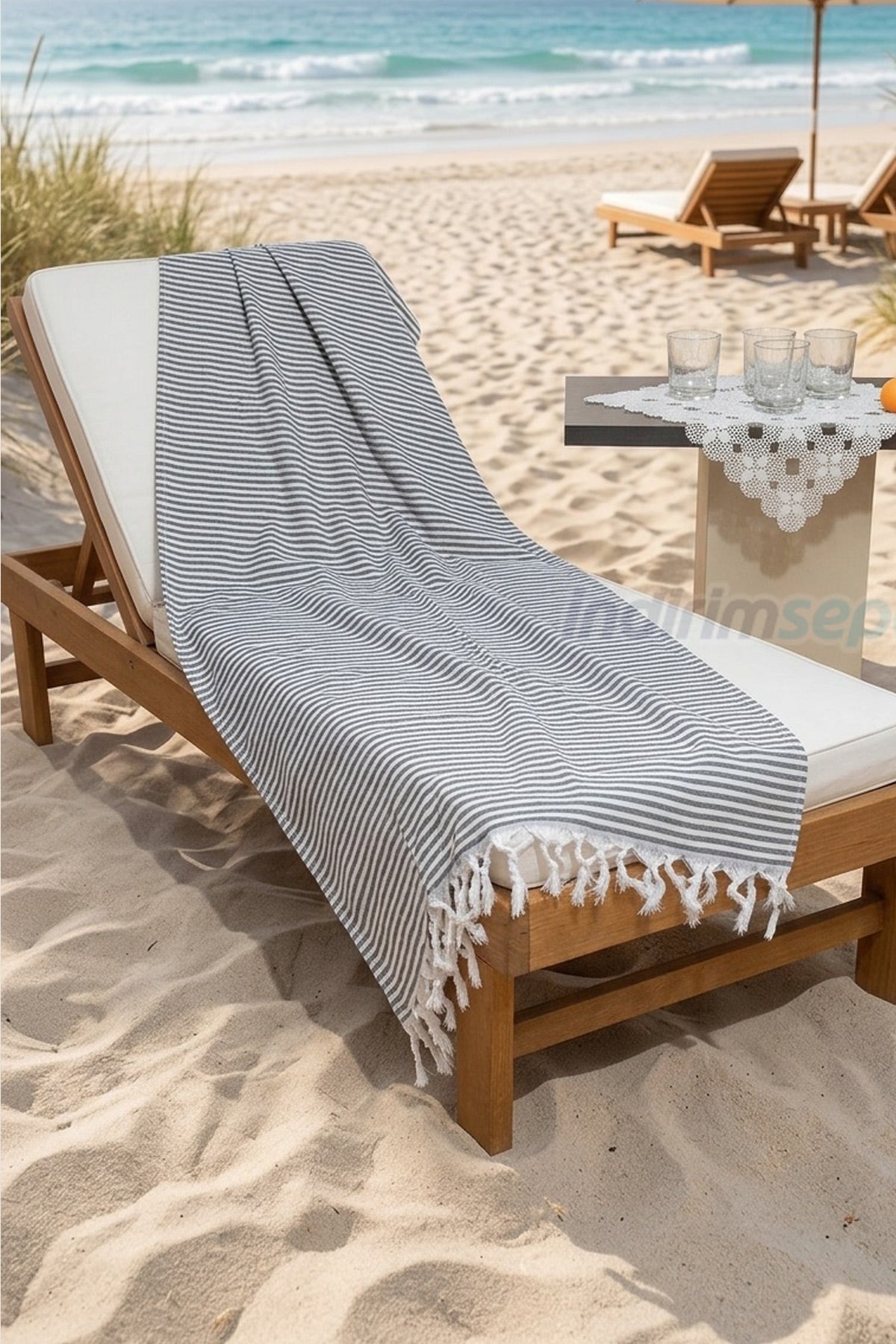 Gri Beyaz Çizgili Pamuklu Peştemal 94x174 cm | Doğal Saçaklı Plaj, Havuz, Spa, Sauna ve Seyahat Havlusu