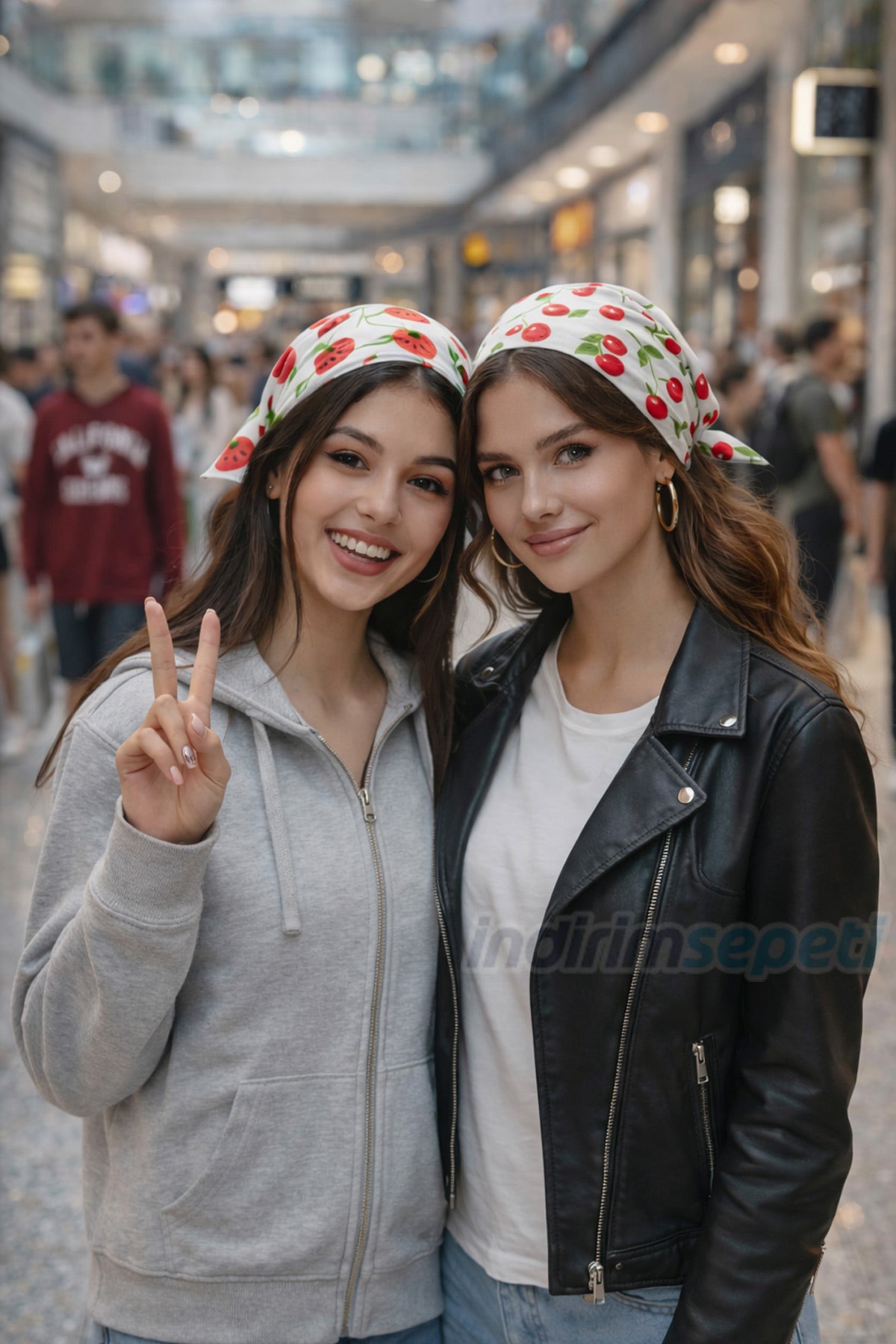 Kiraz Desenli Saten Bandana 50x50 cm – Tek Taraflı Baskı Şık Saç & Boyun Fuları