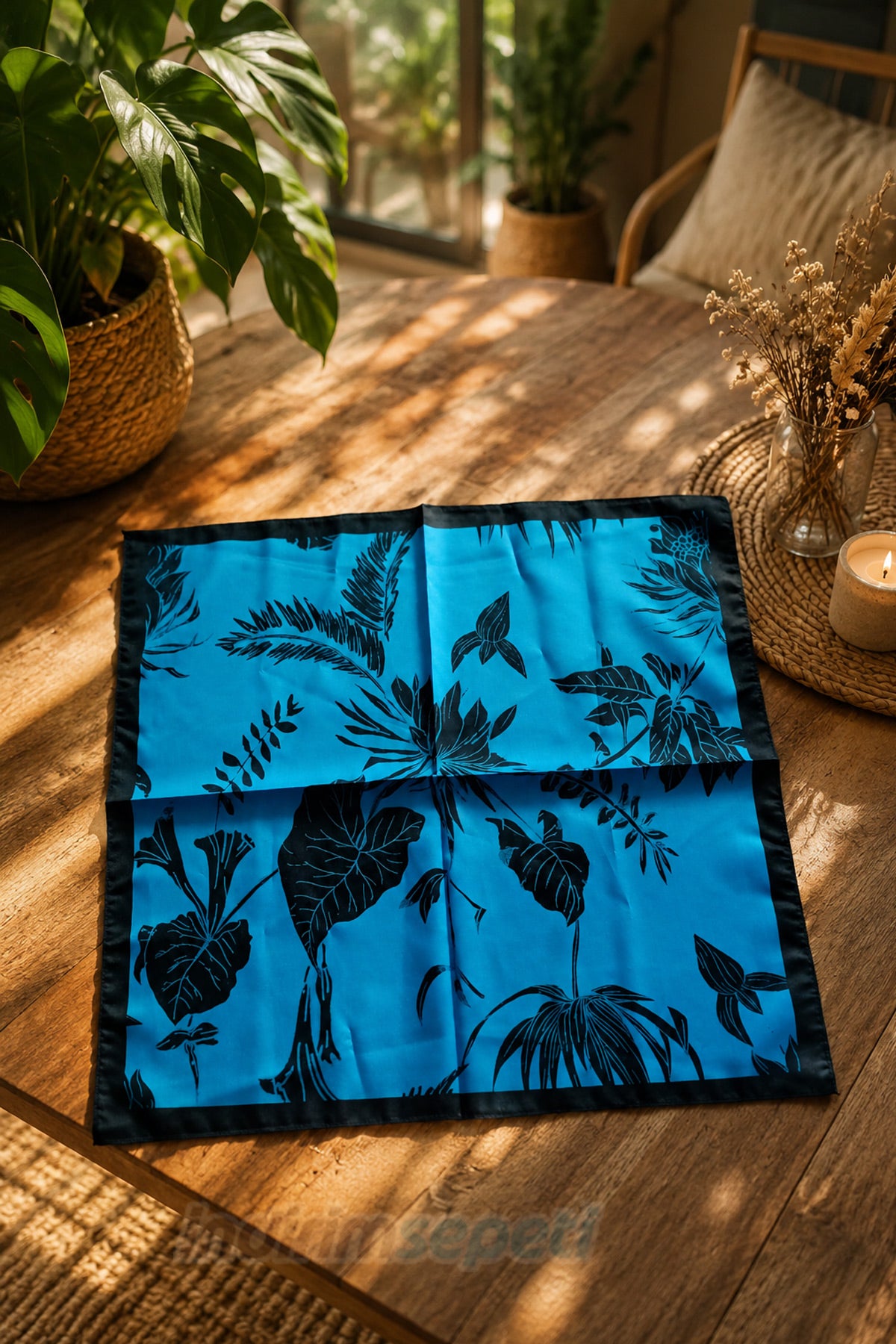 Turkuaz Tropikal Yaprak Desenli Saten Bandana 50x50 cm – İpeksi Parlak Kumaş Kare Fular