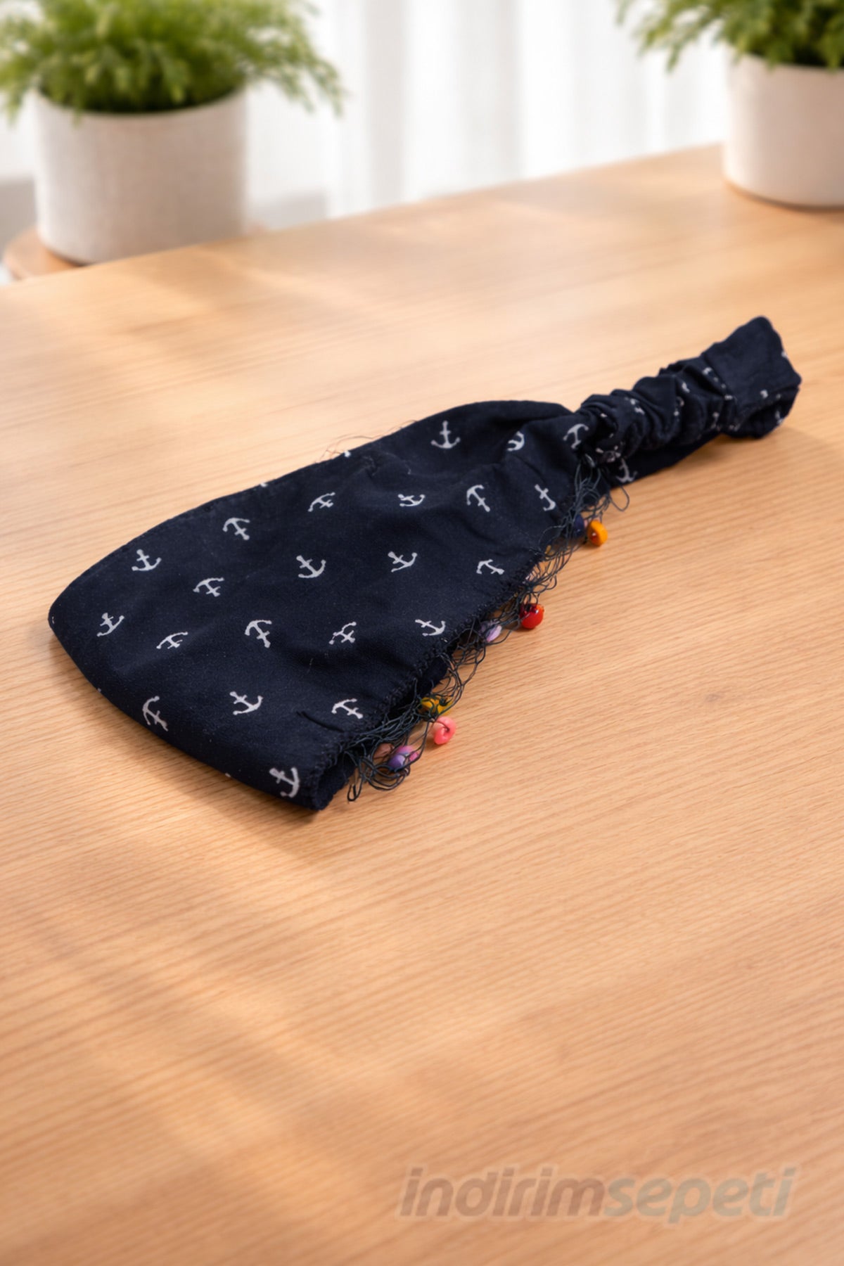 Siyah Çapa Desenli Lastikli Bandana | Pamuklu Kumaş Elle Dikilmiş Boncuk Detaylı Saç Bandı - indirimsepeti