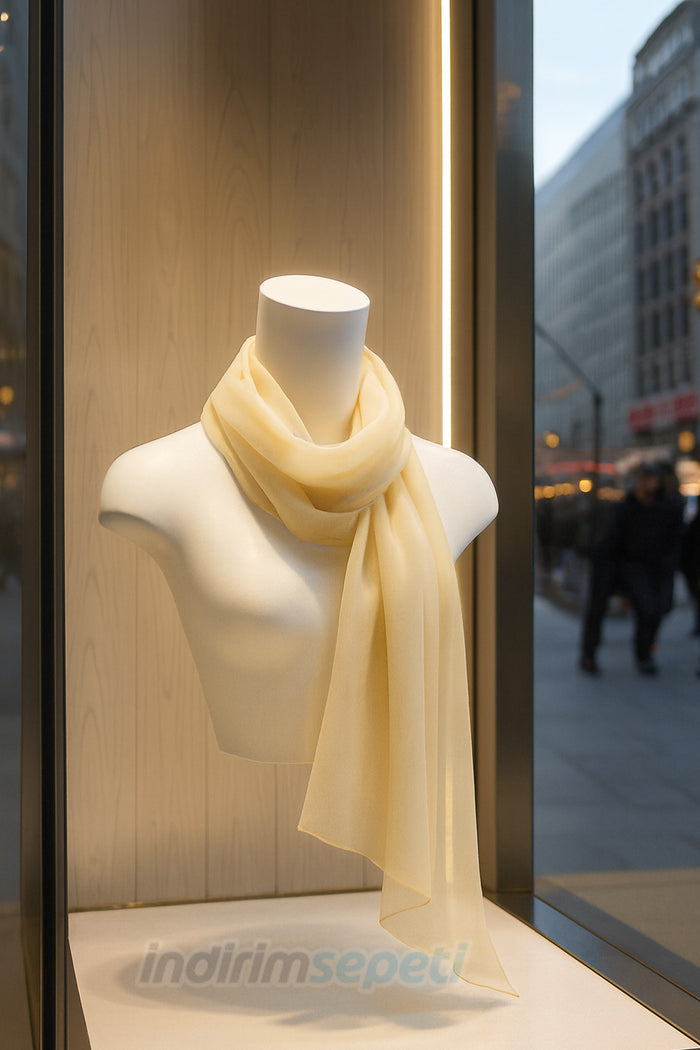 Krem Şifon Fular 112x24 cm – Yumuşak Işık Etkisi, Hafif Dokunuş ve Zarif Stil