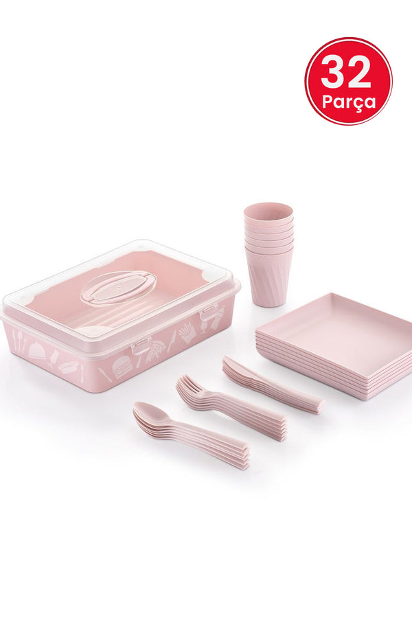 6 kişilik Pembe Piknik Seti Pasta Börek Taşıma Kabı ile birlikte 32 Parça