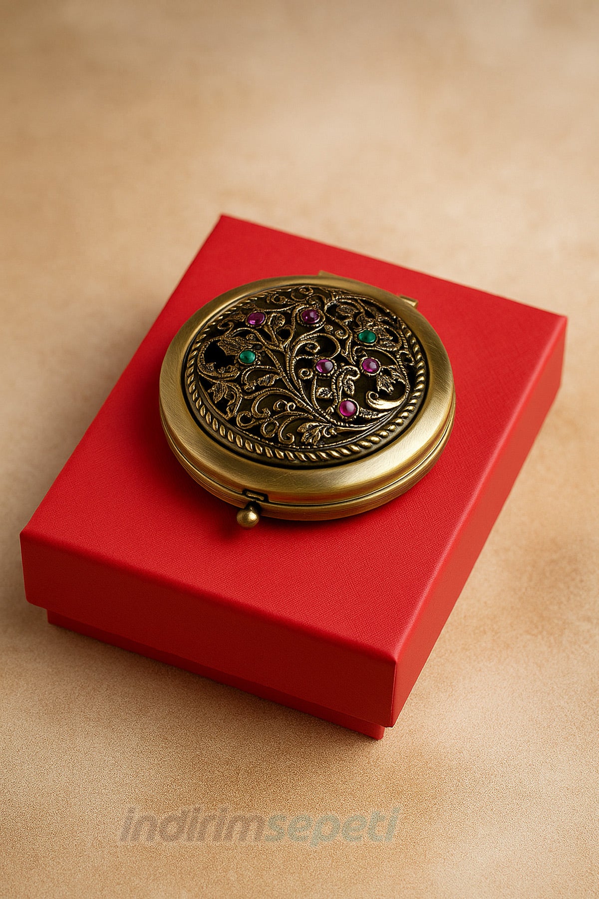 Makyaj Aynası Vintage İşlemeli Taşlı Metal Çift Taraflı Cep Aynası – Hediyelik Çanta İçi Taşınabilir Ayna